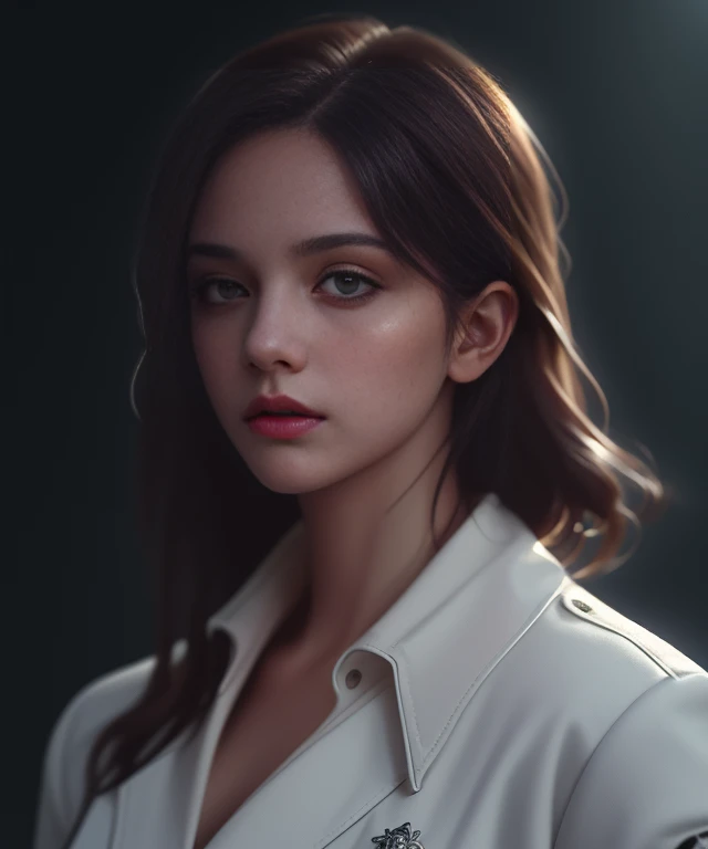 a woman with hazel eyes, beautiful detailed eyes, beautiful detailed lips, extremely detailed face and skin, white jacket, posing for photo, photorealistic, high quality, realistic, cinematic lighting, dramatic atmosphere, intricate details, masterpiece