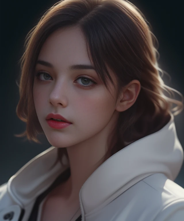 a woman with hazel eyes, beautiful detailed eyes, beautiful detailed lips, extremely detailed face and skin, white jacket, posing for photo, photorealistic, high quality, realistic, cinematic lighting, dramatic atmosphere, intricate details, masterpiece