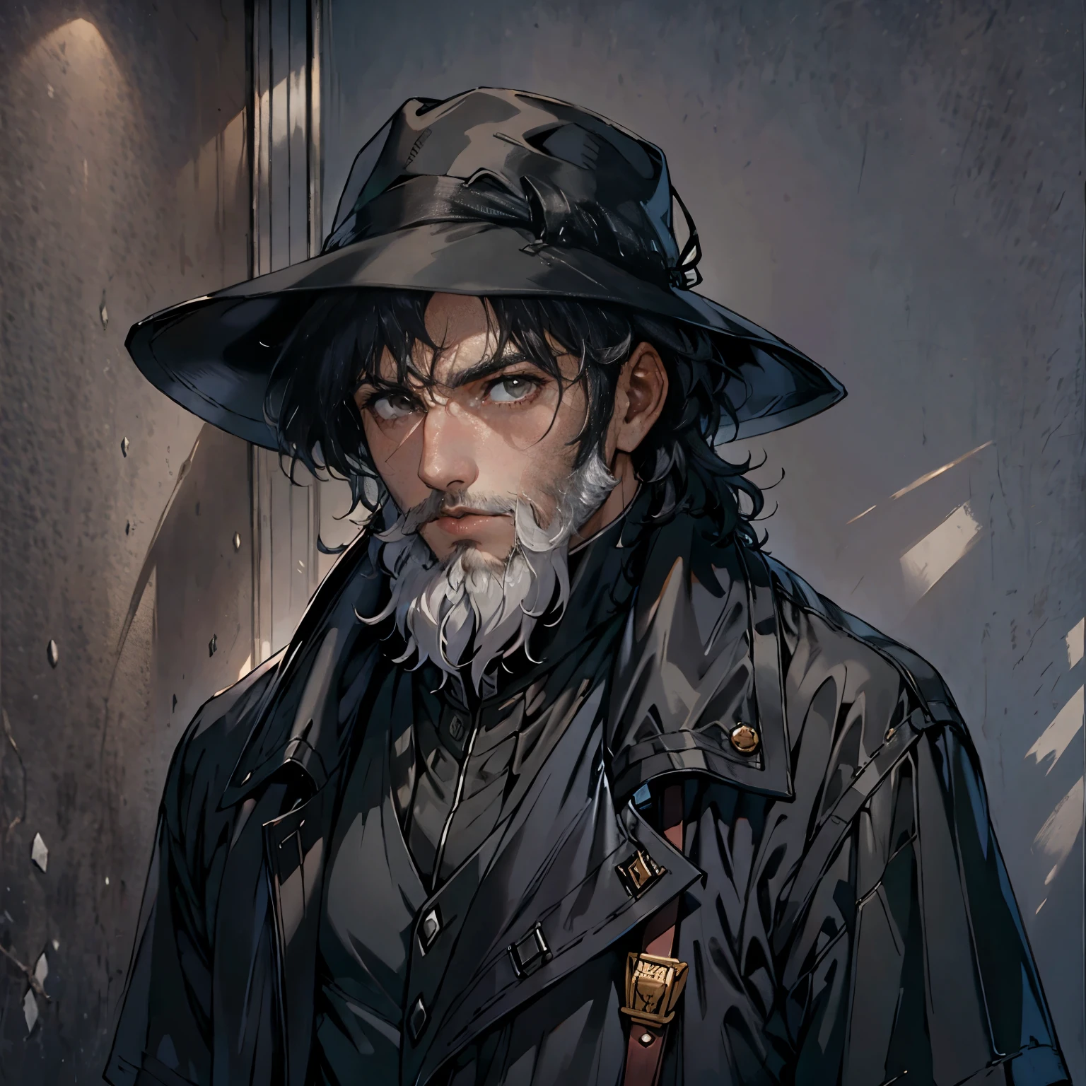 ((neocruz)) El mayordomo es un anciano de pelo negro y barba, ojos cafes. ,He is wearing a large black trench coat with a black pattern.。They are completely two extremes with a rigid face.。tema oscuro, optical, imaginario。