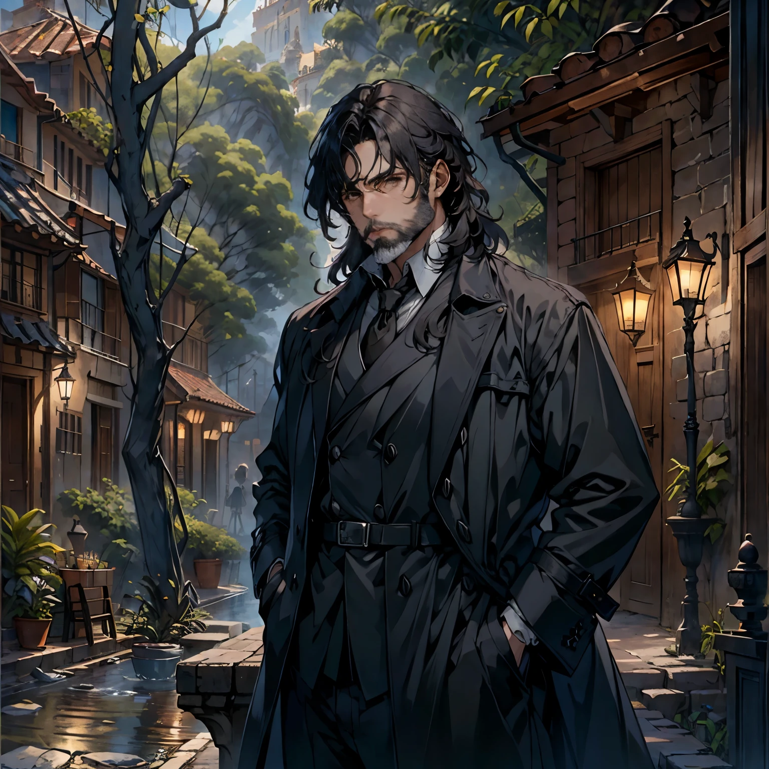 ((neocruz)) El mayordomo es un anciano de pelo negro y barba, ojos cafes. ，He is wearing a large black trench coat with a black pattern.。They are completely two extremes with a rigid face.。tema oscuro， optical， imaginario。