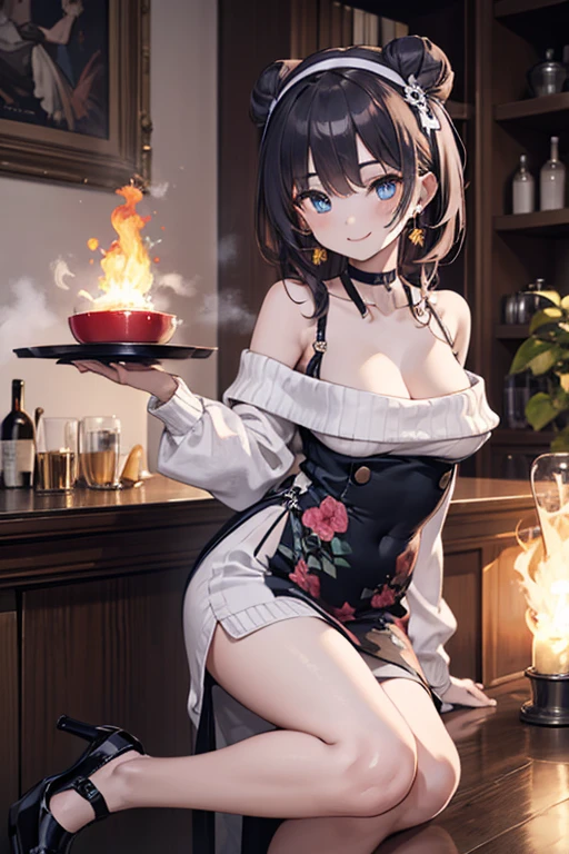 (((Masterpiece))),(((Super Detail))),(((in 8K))),(((best composition))),(((Rim lighting,Fireglow effect,deep shadow))),solo),Beautiful fingers,Detailed finger features,(Detailed hair features:1.7),(Dynamic and sexy bending pose:1.3),detailed facial features,detailed clothes features, (perky chest:1.1), (pointed chest:1.3), delicate beautiful face, Bright blue eyes, cute eyes, sparkling eyes, Big eyes, beautiful detailed eyes,double bun with glittering hair ornament:0.6,(super detailed glossy skin:1.3),slender body,goddess smile,((with sparkling eyes and a contagious smile)),beautiful posture,have a cup of coffee,black hair, red eyes, dress, bare shoulders, jewelry, collarbone, sidelocks, hairband, earrings, indoors, off shoulder, sweater, arms behind back, plant, short hair with long locks, white hairband, off-shoulder dress, sweater dress, off-shoulder sweater, red sweater, big side hair, very long side hair,(super delicate floral pattern:1.2),seductive cleavage:1.3,beautiful glossy legs,shiny red high heels,lifting dishes with cakesd,french restaurant,hustle and bustle,rising steam,(((depth of fields)))