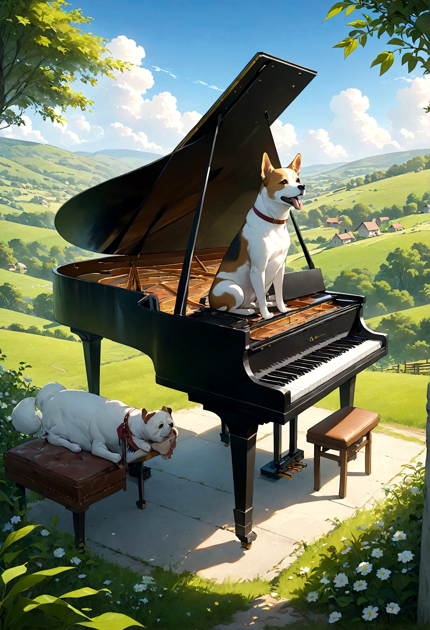 In the style of Studio Ghibli、Create an image of a dog sitting on a chair playing a grand piano in a beautiful countryside setting。. near, Human baby relaxing, Enjoy a peaceful environment. The scene has、It must contain rolling hills and other picturesque rural elements。, Clear blue sky, Lush greenery. The overall atmosphere should be whimsical and calm., Captivating the essence of happiness and serenity, Idyllic countryside.