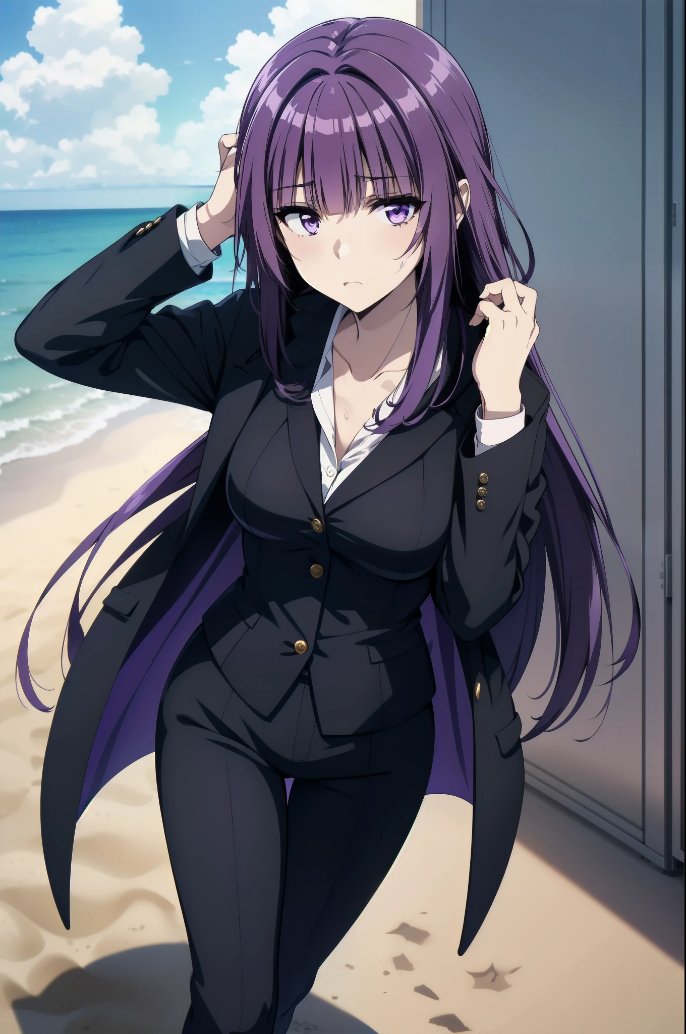 purple hair,,long hairpurple eyes,(((office suit,)))(disgust,looking disgusted, abhore),on the beach
