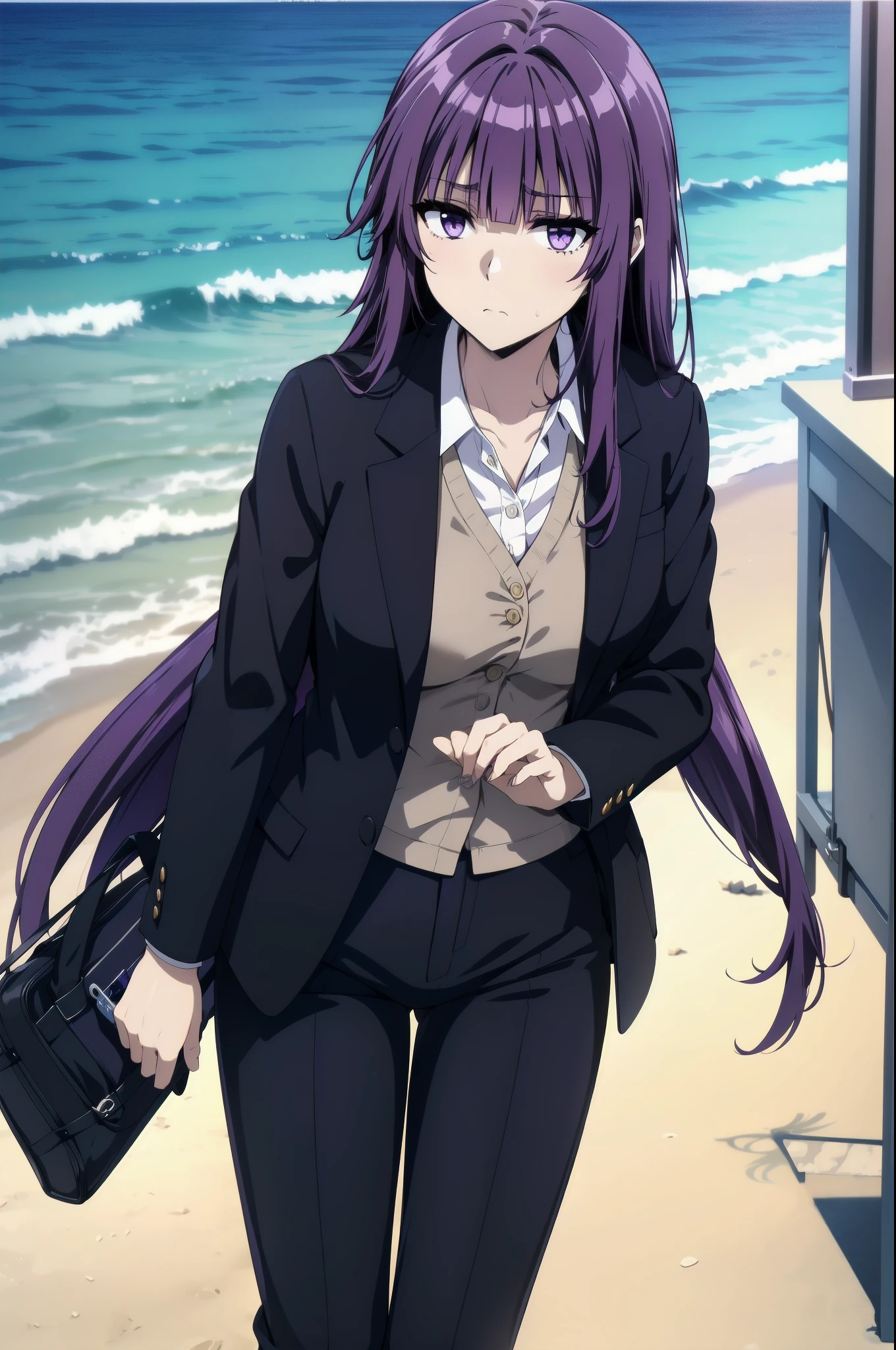 purple hair,,long hairpurple eyes,(((office suit,)))(disgust,looking disgusted, abhore),on the beach
