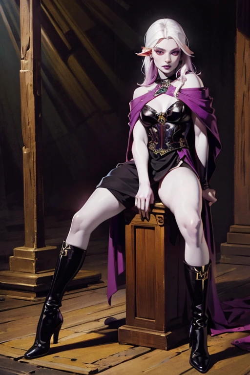 (full body:1.4),((ultra realistic illustration:1.2)),(dark fantasy:1.4), In a mystical forest. Beautiful Elven mage. Wild (magenta hair), violet eyes, ((very pale:1.4)), beautifully fit figure, small perky breasts. (tribal war paint), leather bustier, cape, thigh high boots .Masterpiece, (highly detailed:1.2),(detailed face and eyes:1.2), 8k wallpaper, natural lighting. core shadows, high contrast, bokeh.