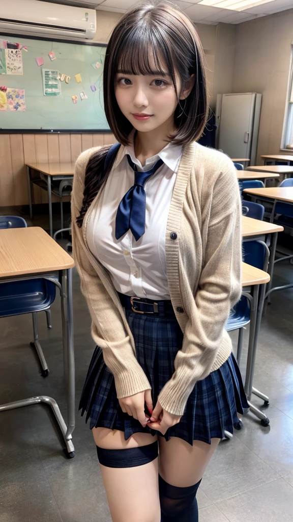 masterpiece, best quality, illustration, Super detailed, fine details, High resolution, 8K,wall paper, perfect dynamic composition,(Details High quality, realistic depiction of eyes:1.3), High School Classroom、High school girl uniform、Cardigan、Super Short Check Uniform Skirt、Navy blue high socks、garterbelts、Colossal tits、Disturbed uniform、short bob hair, black hair color, Big Natural Color Lip, bold sexy pose, (perfect body shape), crying a little、Harajuku style、20 year old girl、cute type, beautiful legs, hposing Gravure Idol, Voluptuous thighs