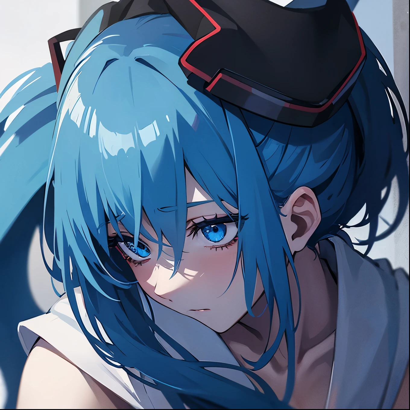profile、Blue Face、arm hug、Embrace yourself、Bloodしぶき、Blue Face、Blue Skin、Hatsune Miku、zombie、Red eyes、Blue Face、Blue Skin、Bloodを流した、Gray Hair,sad,(Blue place:1.1),blue eyes、Hatsune Miku、ruins、cadaver, an ominous, woman, thin, pale, Looking into the camera, Ultra-realistic, Fully detailed, Cemetery environment, Bright Eyes, white dress torn and stained with Blood, The bone is exposed, putrid scratch, Sensual, That's horrible, 身体にscratchを負った, exposed fracture of the clavicle, smile, Very detailed, Black Short Hair, scratch, Blood,