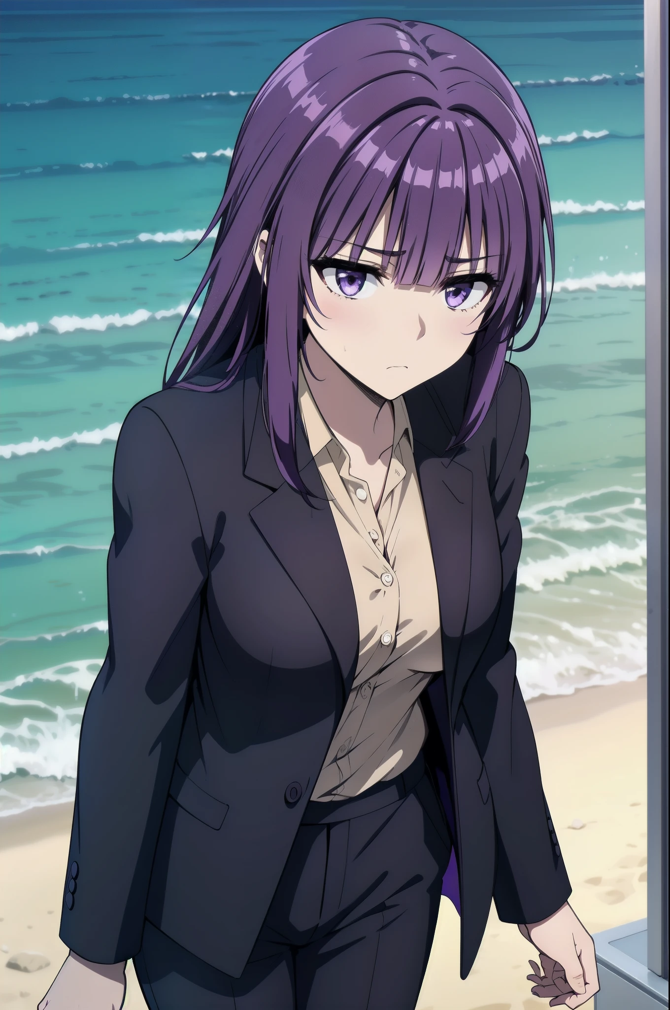 purple hair,,long hairpurple eyes,(((office suit,)))(disgust,looking disgusted, abhore),on the beach
