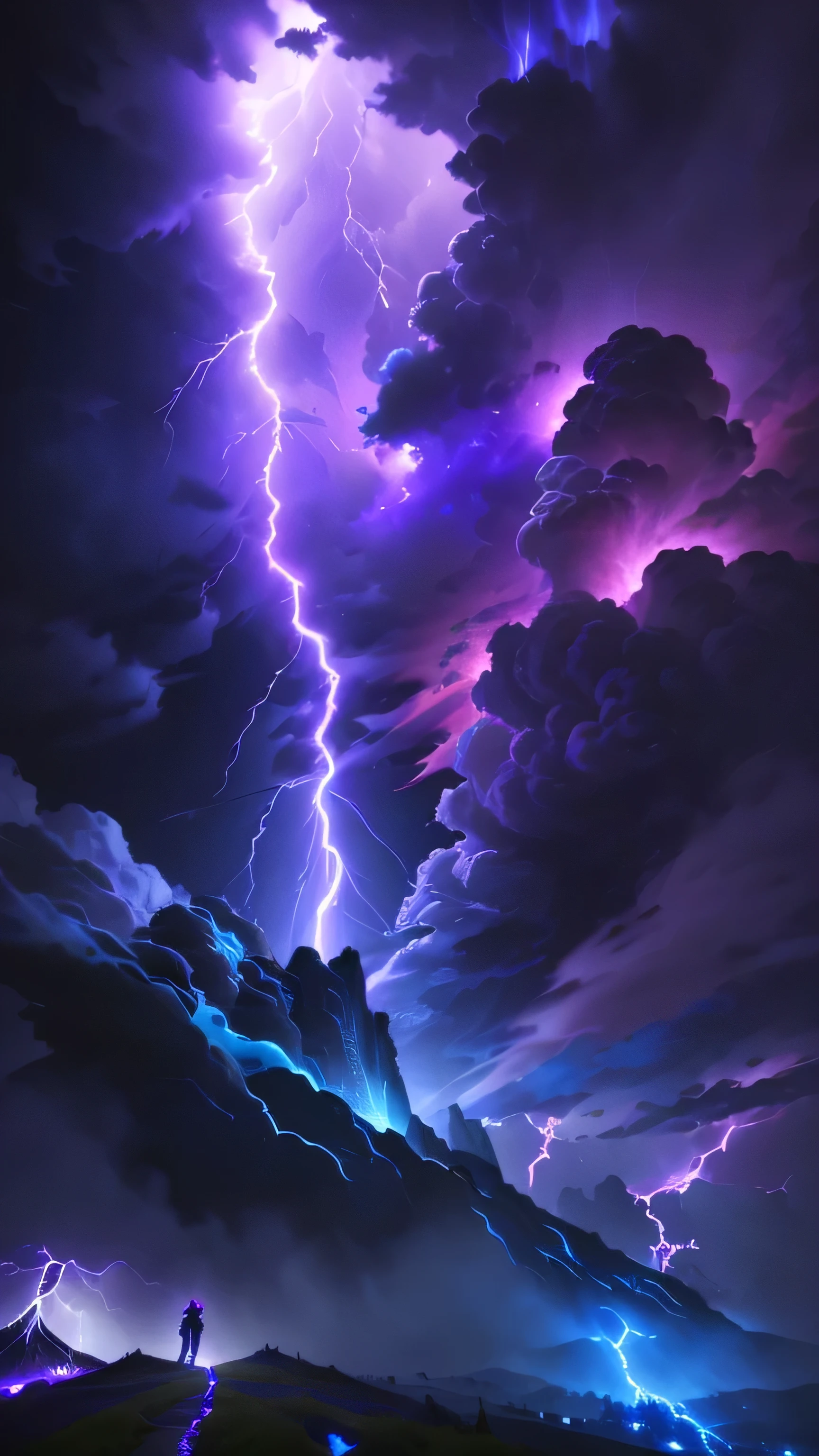 Anime-style scenes,A man stands on a hill,Background with purple and blue swirls, Screenshot of Fortress Heroes, dark night storm clouds, Epic clouds and divine lights, Stylized Storm, Detailed lights and thunder, Epic clouds and lights, Epic Lightning, Explosive Lightning Spell, epic vibrant lighting, Lightning Effect, The storm of all storms
