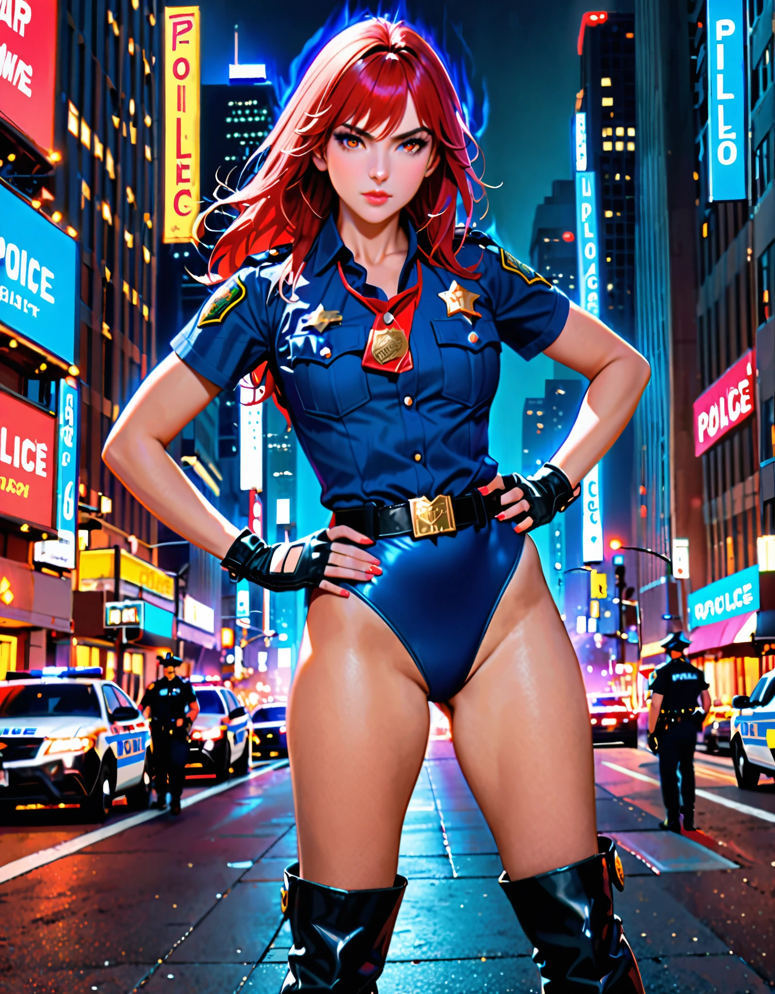 best quality, masterpiece, highres, solo, solo focus, 1lady, semi-realistic, dynamic heroic pose, standing straight, red hair, hazel eyes, beautiful detailed eyes, beautiful detailed face, perfect hands, sexy Los Angeles police officer, ((blue leotard with neon red accents, (police badge) on the chest, short sleeves)), (matching gloves, fingerless gloves), bare legs, matching boots, ankle-high boots, full body shot, hands on hip, medium hair, hair down. city backdrop, neon edge lighting, highly detailed, professional. nighttime. (aura, blue aura).