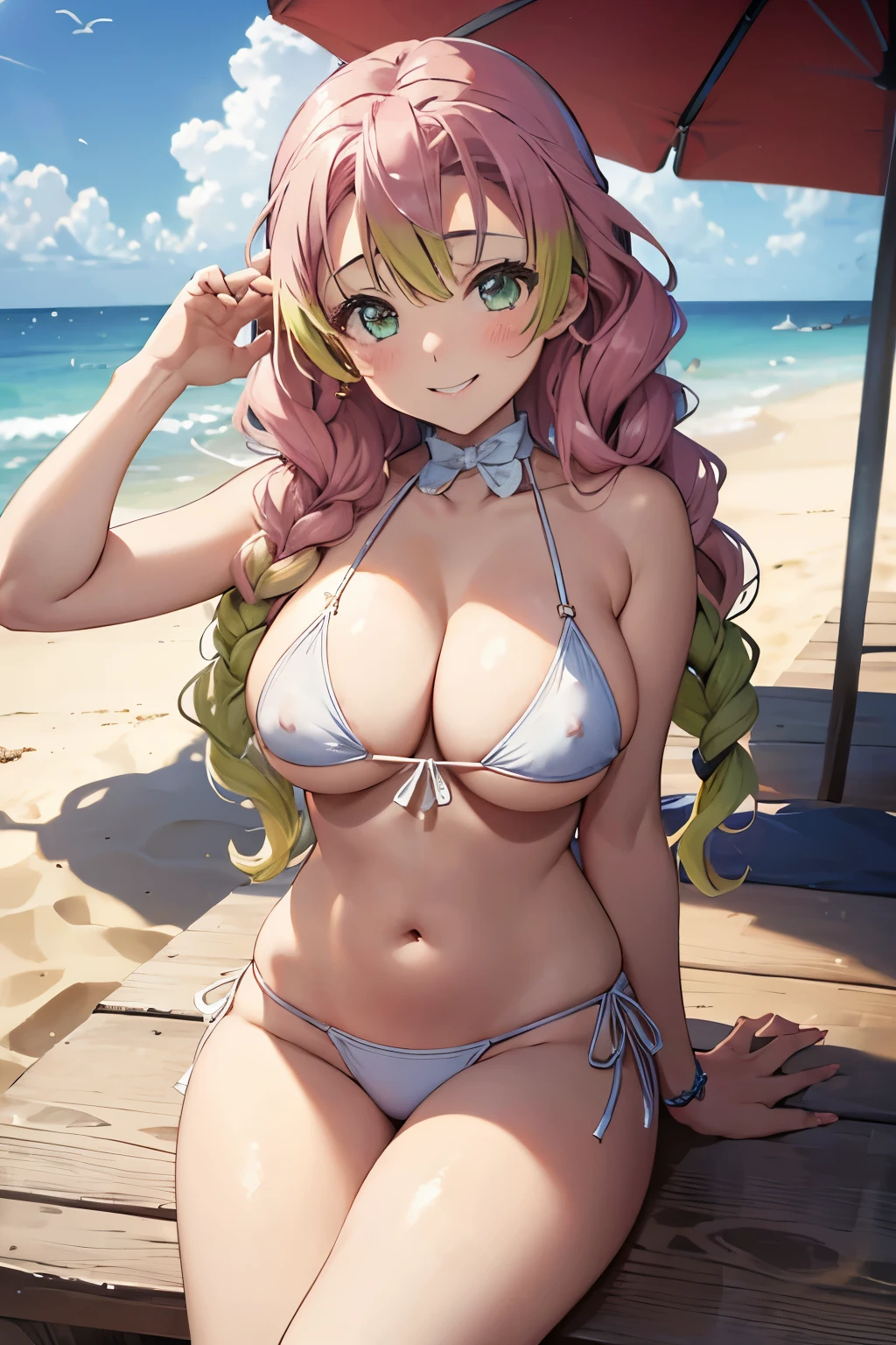 (8K、masterpiece、Highly detailed background、high resolution)、(mitsuri kanroji)、Cleavage、(beach、White Bikini、Gravure pose、Embarrassed smile、Nipple protrusion)