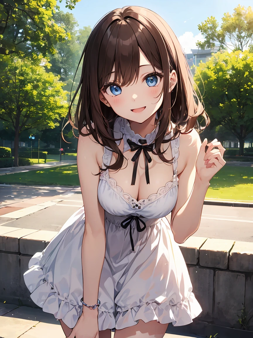 In one girl、fun、(small breasts, wearing a dress ,smiling, brown hair ,blue eyes, at park, park, sun
