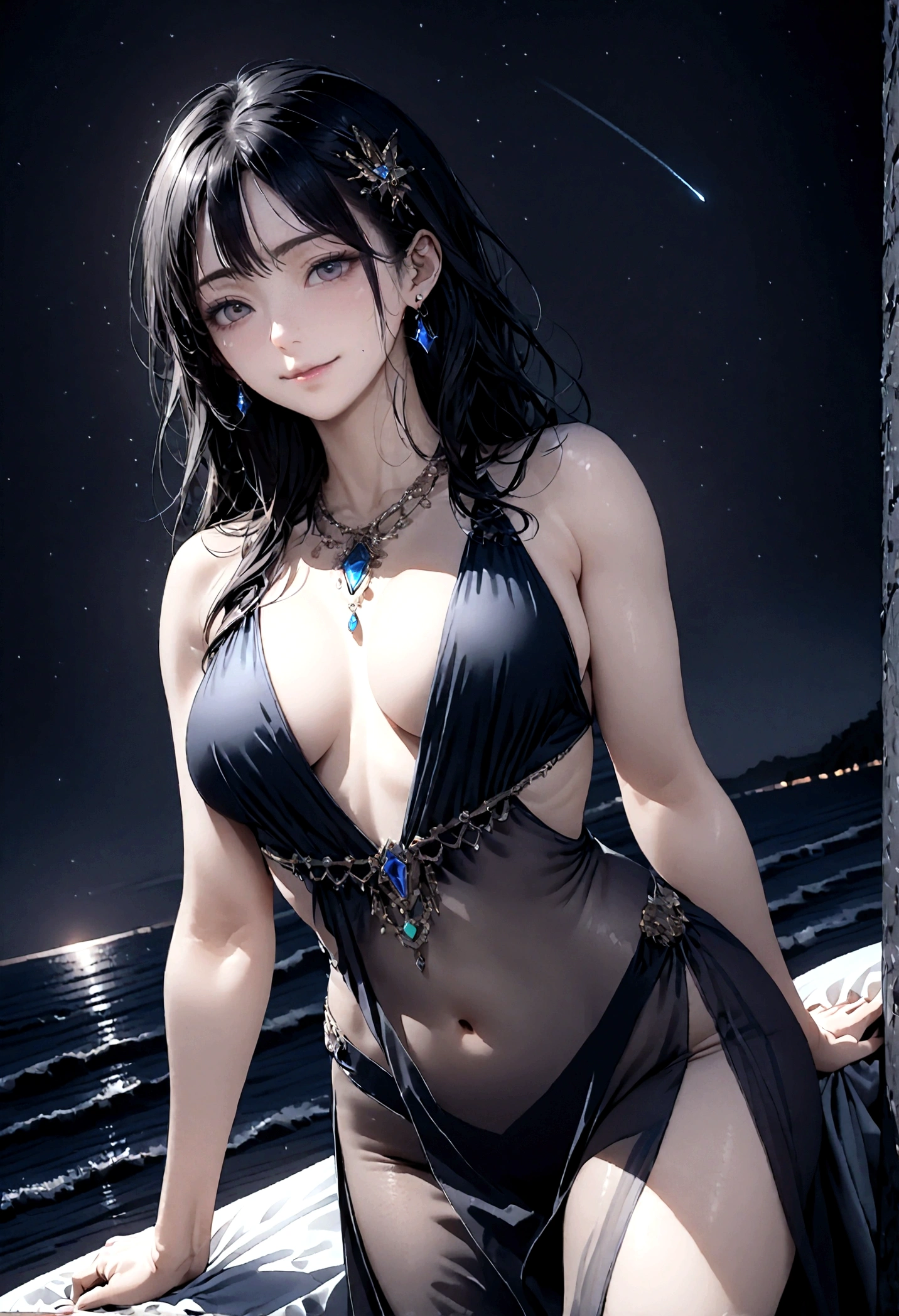 8k, masterpiece, RAW Photos, highest quality, Realistic, Very detailed, Depth of written boundary, Cinematic Light, Anatomically correct body, 
An elegant beautiful mature woman, Very beautiful face, Exquisitely detailed face, (A gentle, calm face like a goddess:1.4), Very delicate skin texture, Transparent muscle, Shiny white skin, Glamorous Body, 
(Wavy black long hair:1.2), ???? ???????, ???? ???, 
(Elegant see-through slit long dress:1.4), (Detailed cloth texture:1.2), (Body chain accessory with detailed jewel studded embellishments:1.3), (Gorgeous necklace:1.1), (Gorgeous earrings:1.1), 
(Dark starry background:1.4), (Milky Way:1.1), (milky way:1.1), (shooting star:1.1), (Dark coastline at night:1.4), (Pitch black sea surface:1.4), 
(Low angle shot:1.8), 