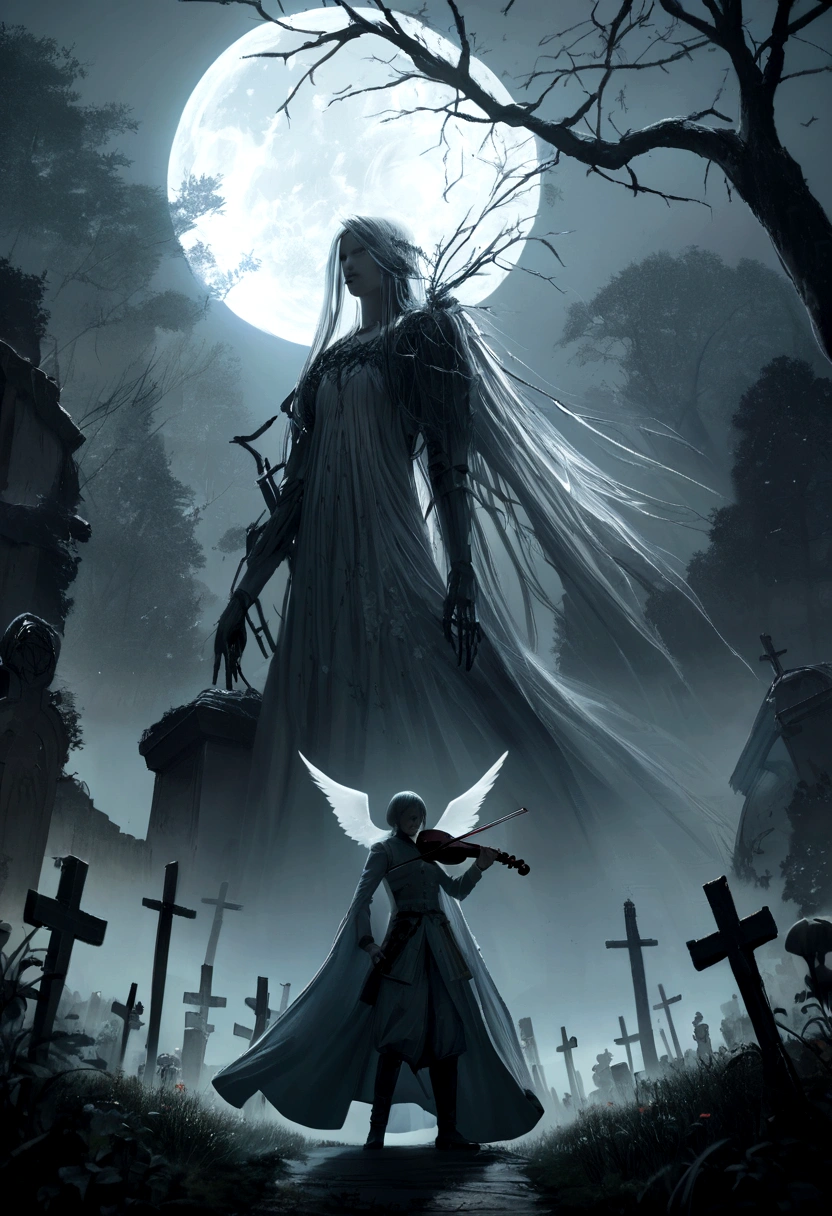 A serene, moonlit night with a bright full moon hanging high in the sky. In an old cemetery, some tombstones have toppled over, surrounded by tall, wild grass. A few large, withered trees stand in the background, their bare branches reaching out like skeletal arms. In the midst of this tranquil yet eerie setting, a soldier in old-fashioned military uniform stands solemnly, his expression stern and resolute. He seems to be guarding the sacred grounds or waiting for something. Adding a touch of ethereal beauty, a giant, transparent angel stands nearby, her wings partially unfurled. Bathed in moonlight, she glows with a divine radiance. The angel is playing a violin, and the hauntingly beautiful melody fills the air, blending with the gentle rustling of the grass and leaves. The scene captures a sense of mystery, timelessness, and the eternal guardianship of the fallen, Artist's depiction of a forgotten cemetery beneath the streets. Imagem realista, high resolution, 8k