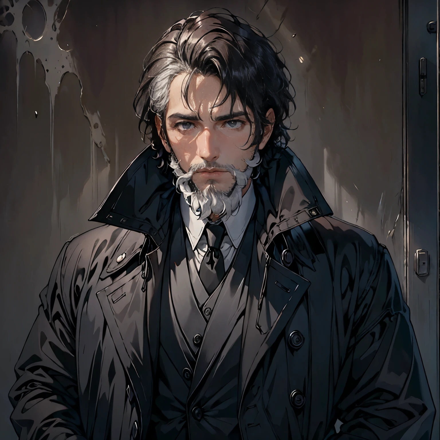 ((neocruz)) El mayordomo es un anciano de pelo negro con blanco y barba.，He is wearing a large black trench coat with a black pattern.。They are completely two extremes with a rigid face.。tema oscuro， optical， imaginario。