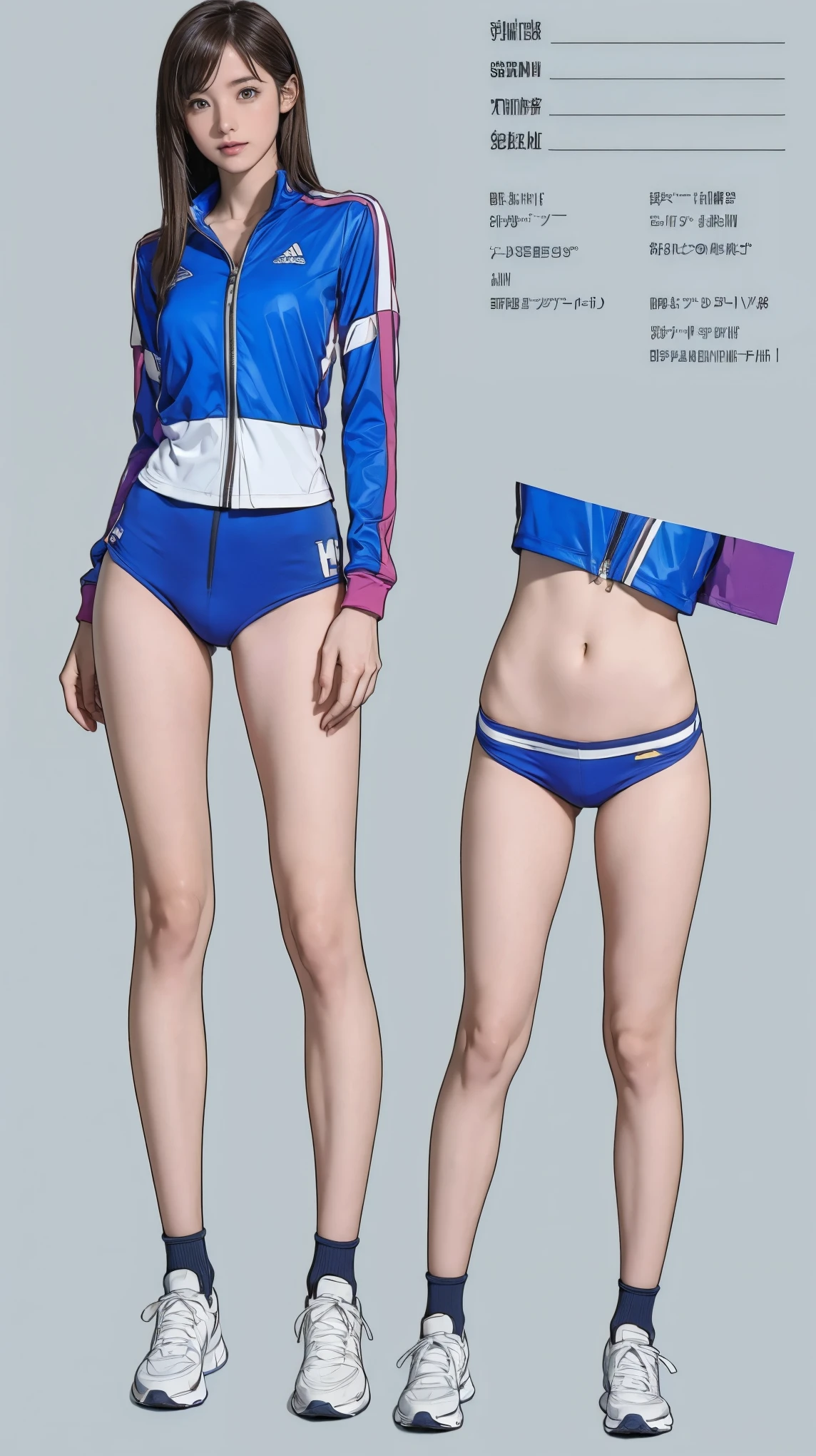 ((masterpiece)),(((highest quality))),((Character design sheet)),Thin thighs,Long legs,It's not a big deal ,Wearing a marathon uniform and marathon shoes