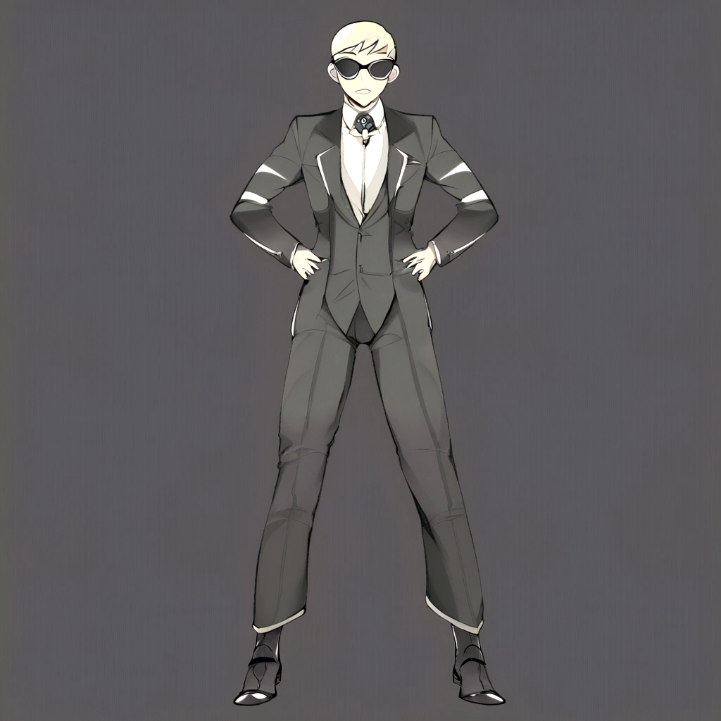 there is a man in a suit and sunglasses standing with hands free, character full body portrait