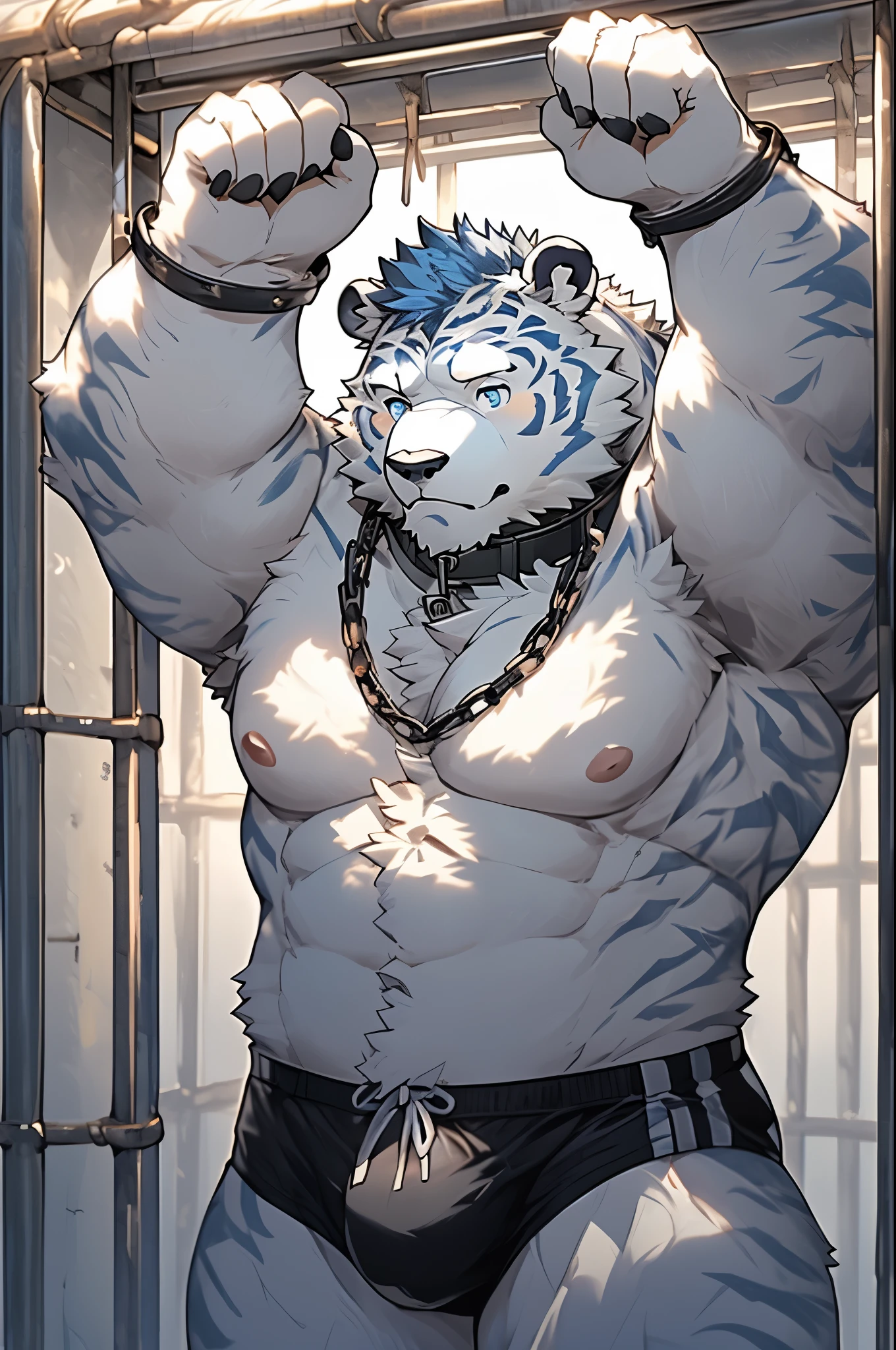 hairy,(Polar Bear,Topless,Wearing only black underwear:1.5),pure white fur,Short blue hair,male,Blue eyes,Common,full-body shot,Big Bag,Wearing only black underwear,(Raise your hands above your head:1.5),(Tied to the cross:1.5),(Tied by chains:1.5),(Wearing a collar:1.5),Full body details ,Mature,Strong body,Detailed prison cell background,lifelike ,masterpiece,Very detailed,lifelike