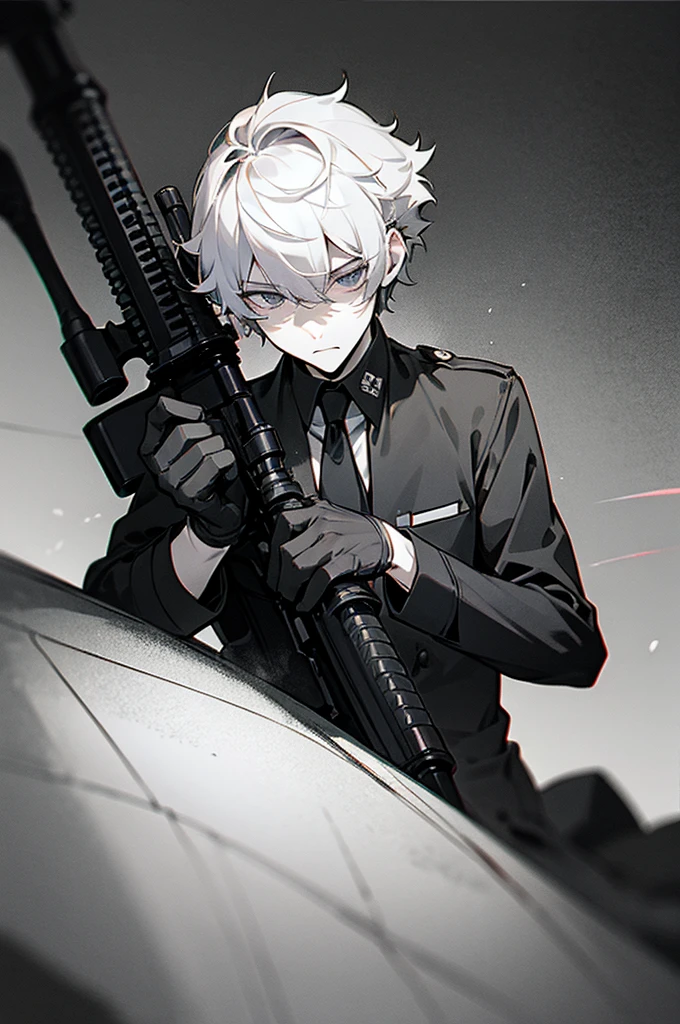 arm enterprise、Suppression Division、Combatant、male、若いmale、Curly hair、Short Hair、cool、calm、Listless、Sigh、Face up、sex appeal、room、adult、cool、Tie your hair up、sense of urgency、A relaxed face、Creepy eyes、Slender、Large、sniper rifle、Large ranged weapons、Modern weapons、darkness、dark、melancholy、Covert behavior、battlefield、Black theme、grayscale、Purple accent color、High Contrast