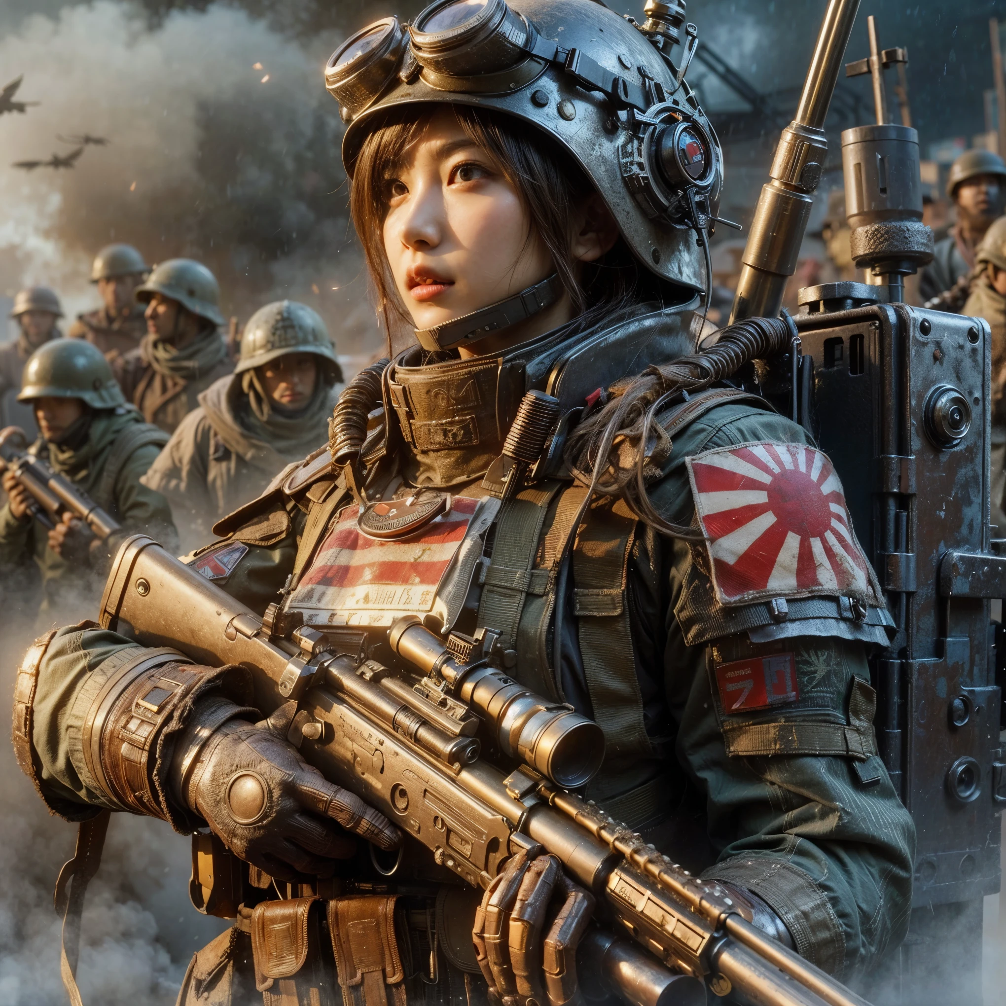 8k,Realistic Photo, Realistic Skin Texture, Superrealism, (WWII-like mechanical suit:1.2), collapsed city, heavy weapons,vivid textures,animal legs, gradation hair, japanese female soldier,(ultra beautiful face), ((super realistic all textures)), ((super intricate all details)), full body shot, ultra sharp photo result, Olive Drab color, scratch, Rust, weathering, steampunk, taken with Fuji film X-T30+Nokton. HDR10,Minimum of 4 pieces created