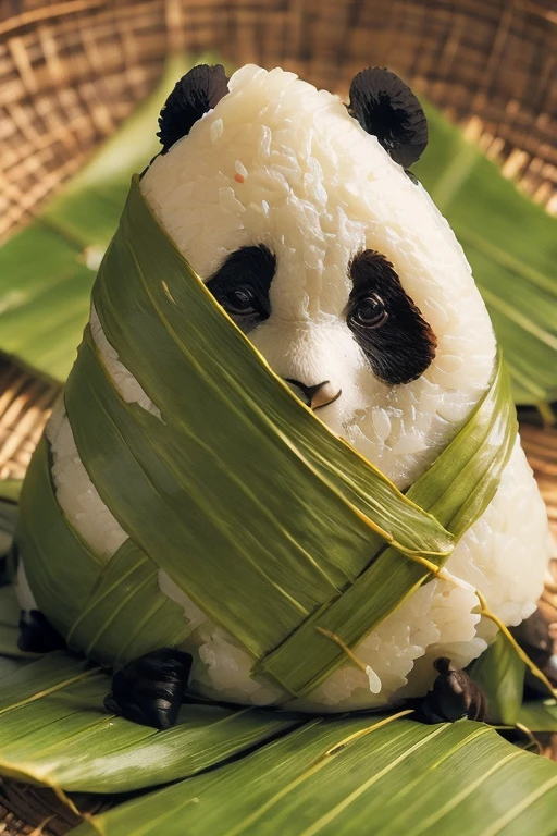 A panda-shaped zongzi, made of glutinous rice, has a cute expression, the lower half of the body is wrapped in tapered leaves, the head sticking out of the leaves, equidistant, cartoon-style, Macro Lens, studio light, nature, soft lighting, film grain, cowboy shot, epiCPhoto