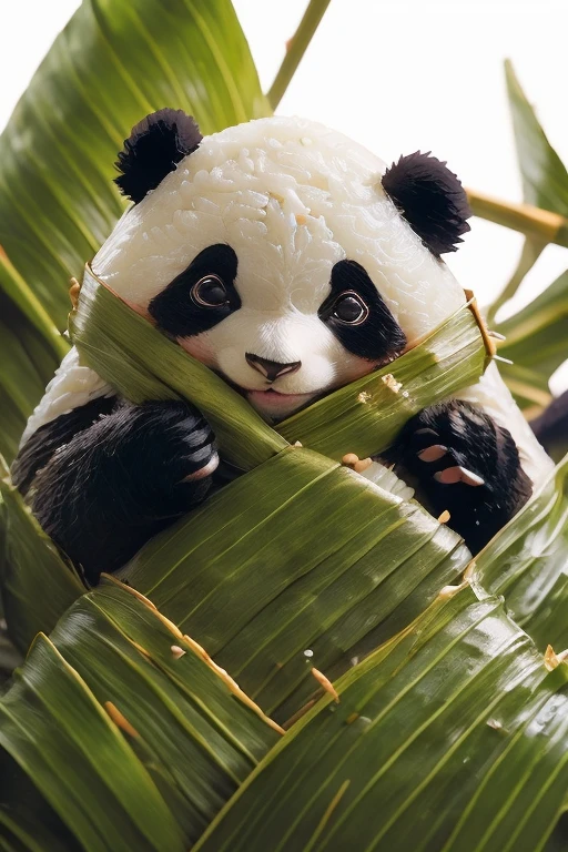 A panda-shaped zongzi, made of glutinous rice, has a cute expression, the lower half of the body is wrapped in tapered leaves, the head sticking out of the leaves, equidistant, cartoon-style, Macro Lens, studio light, nature, soft lighting, film grain, cowboy shot, epiCPhoto