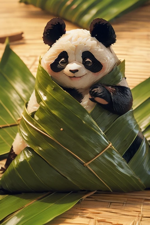 A panda-shaped zongzi, made of glutinous rice, has a cute expression, the lower half of the body is wrapped in tapered leaves, the head sticking out of the leaves, equidistant, cartoon-style, Macro Lens, studio light, nature, soft lighting, film grain, cowboy shot, epiCPhoto