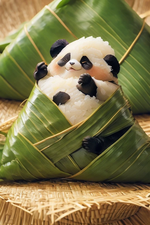 A panda-shaped zongzi, made of glutinous rice, has a cute expression, the lower half of the body is wrapped in tapered leaves, the head sticking out of the leaves, equidistant, cartoon-style, Macro Lens, studio light, nature, soft lighting, film grain, cowboy shot, epiCPhoto