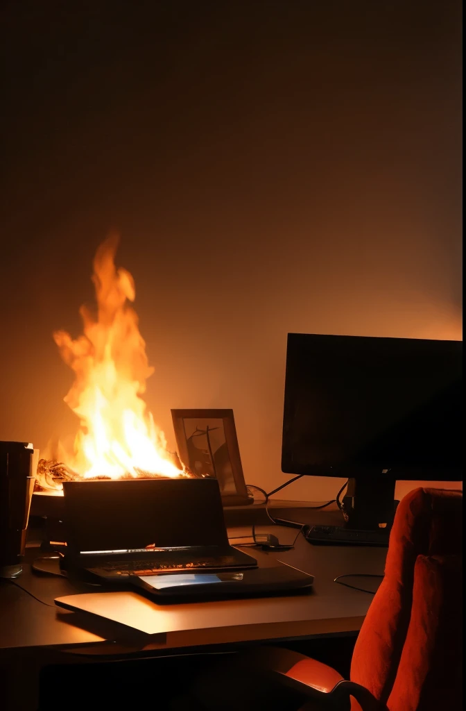 (masterpiece, best quality, 2d illustration, 2d, Art Station Selection),(1 Elmo Muppets, Muppets, Elmo, Red fur:1.1), Sitting behind the desk, Elmo as a programmer, Soft round , There are many errors on the computer screen, mac pro , (Everything is on fire, A coffee cup caught fire,The room is on fire, Background confusion, Smoke gathered on the ceiling,Huge flame:1.2), Elmo is holding his flaming coffee cup with two hands, (Hairy arms:1.3)