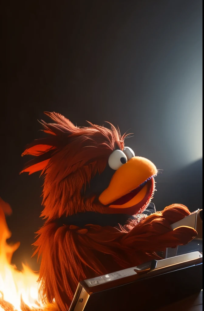 (masterpiece, best quality, 2d illustration, 2d, Art Station Selection),(1 Elmo Muppets, Muppets, Elmo, Red fur:1.1), Sitting behind the desk, Elmo as a programmer, Soft round , There are many errors on the computer screen, mac pro , (Everything is on fire, A coffee cup caught fire,The room is on fire, Background confusion, Smoke gathered on the ceiling,Huge flame:1.2), Elmo is holding his flaming coffee cup with two hands, (Hairy arms:1.3)