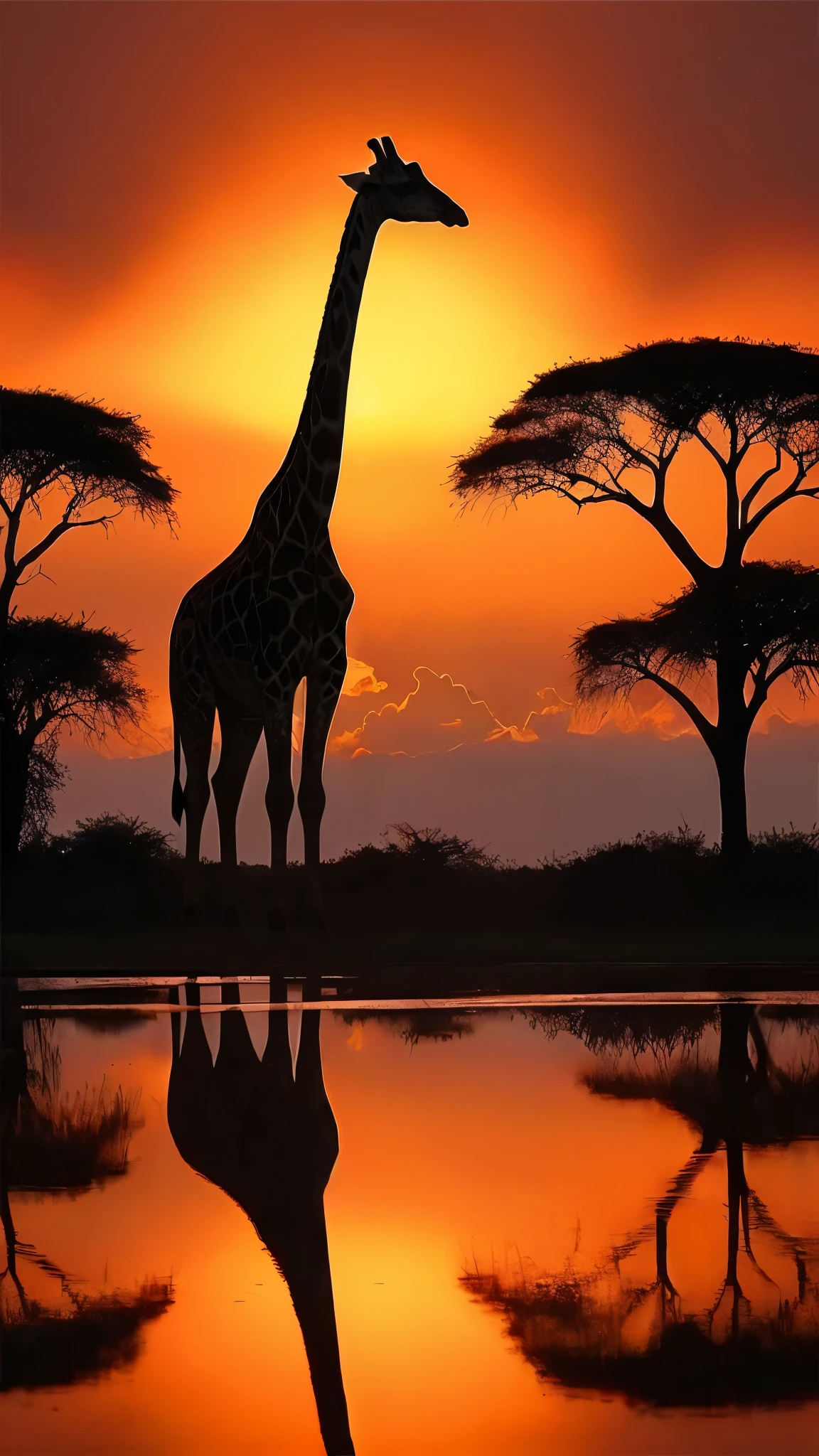 Sunset,一只Long Neck鹿站在水体前, African savannah, landscape of Africa, Africa, on the African plains, African plains, beautiful nature, Safari Background, in Africa, Absolutely outstanding image, stunning nature in background, beautiful image, Long Neck, incredibly beautiful, beautiful, At sunset, Savannah Background, at sunset, Great photos