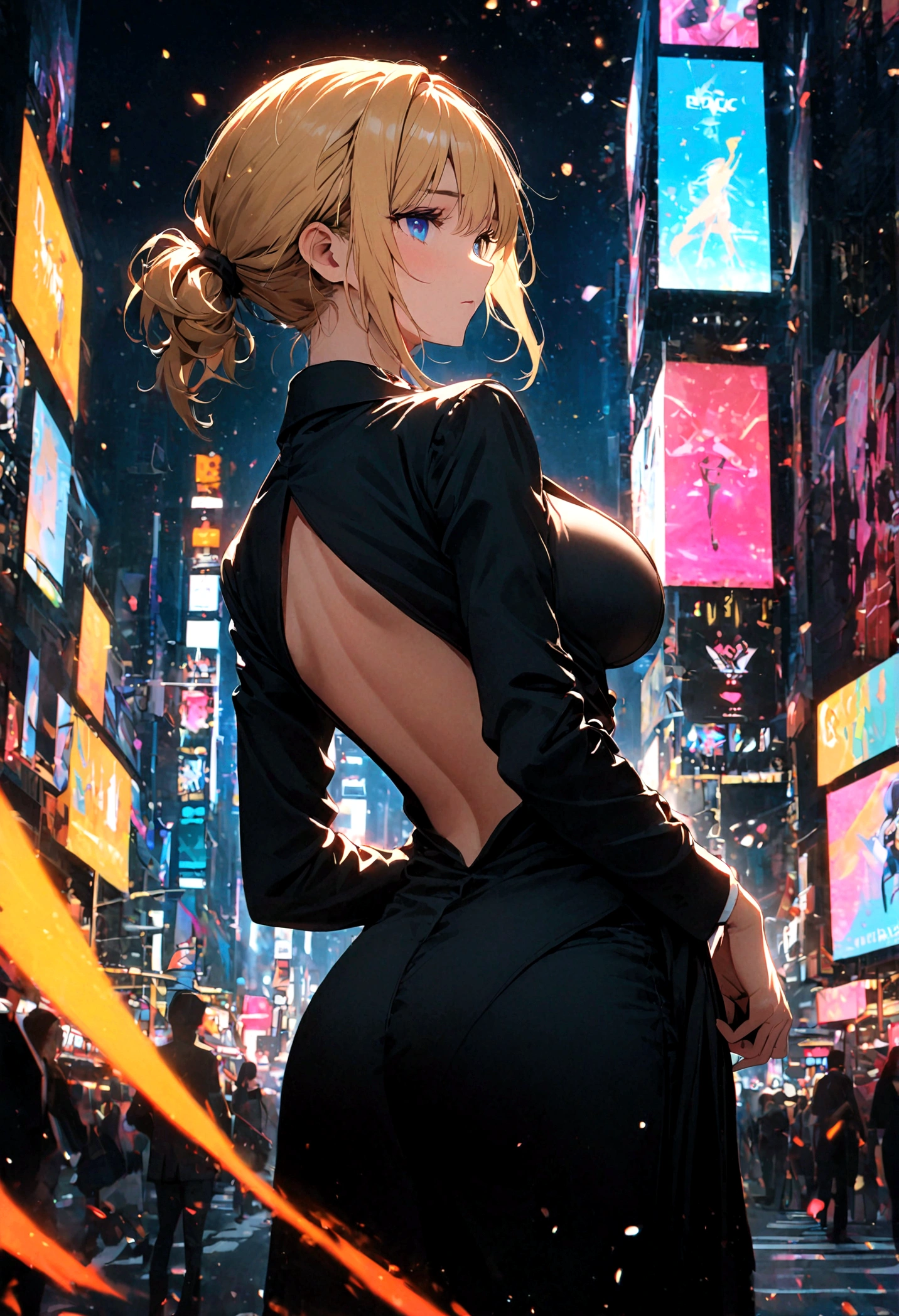  (best quality,4K,8k,high resolution,masterpiece:1.4),（Ultra Detailed,Practical,:1.3）,Blue foreground,Depth of Field,From the back,Looking at the audience,look back，City Lights,Motion Blur,night,Decorative，blonde，full-body shot，Perfect body，Tempting，Anime style