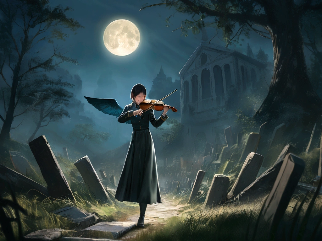 A serene, moonlit night with a bright full moon hanging high in the sky. In an old cemetery, some tombstones have toppled over, surrounded by tall, wild grass. A few large, withered trees stand in the background, their bare branches reaching out like skeletal arms. In the midst of this tranquil yet eerie setting, a soldier in old-fashioned military uniform stands solemnly, his expression stern and resolute. He seems to be guarding the sacred grounds or waiting for something. Adding a touch of ethereal beauty, a giant, transparent angel stands nearby, her wings partially unfurled. Bathed in moonlight, she glows with a divine radiance. The angel is playing a violin, and the hauntingly beautiful melody fills the air, blending with the gentle rustling of the grass and leaves. The scene captures a sense of mystery, timelessness, and the eternal guardianship of the fallen, Artist&#39;s depiction of a forgotten cemetery beneath the streets. Imagem realista, high resolution, 8k, 16:9