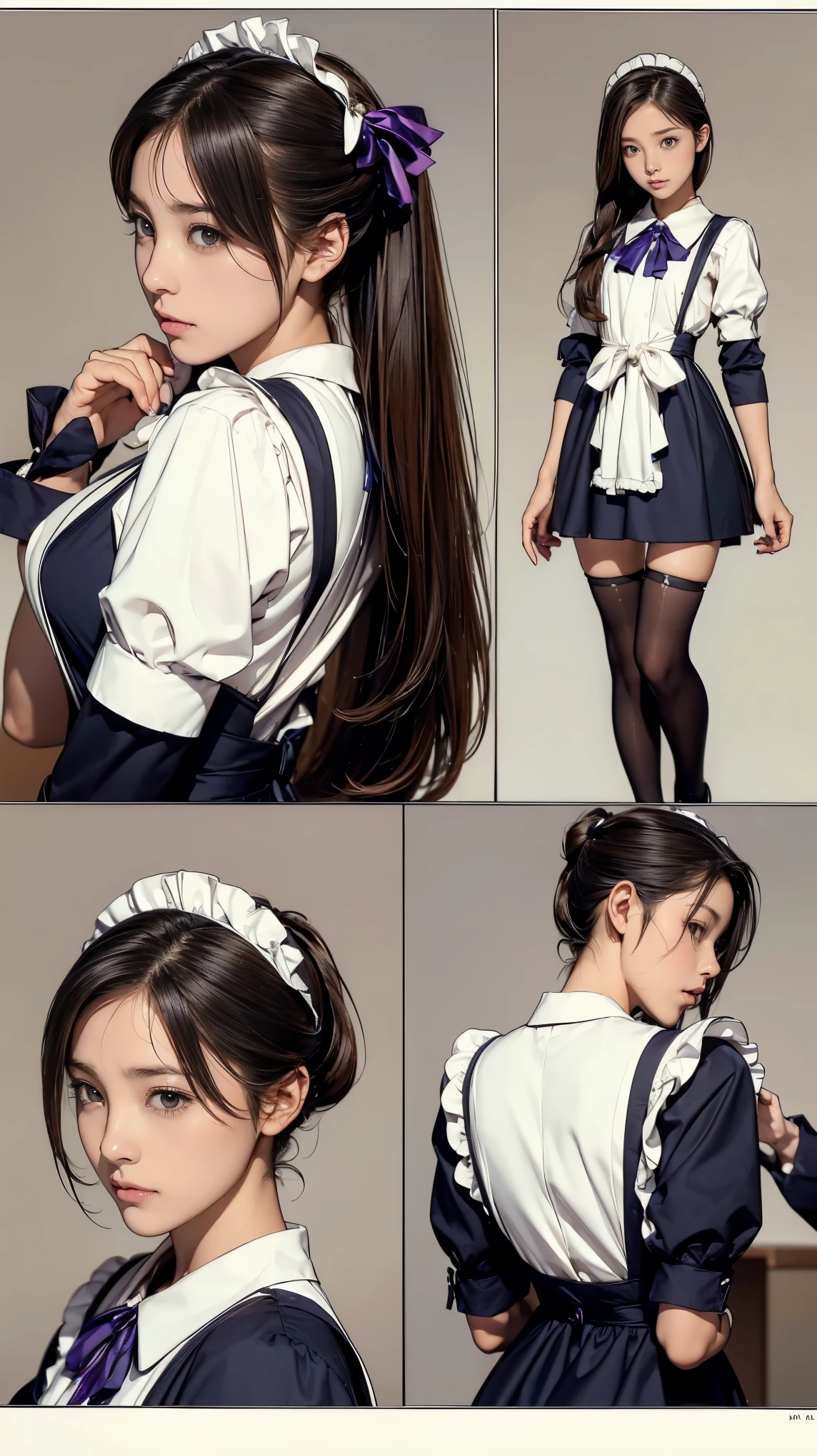 ((masterpiece)),(((highest quality))),((Reference Sheet, Character Design, front, return, ~ ~ side, Mr..々Hairstyle, Mr..々Performance, Facial Expressions)), 14-year-old girl, Cute type, (Very slim:1.4), (Very small ass:1.4), Realistic buttocks, Medium milk,Short brown hair with side waves,Thin thighs, Long legs, It's not a big deal, ((Dress and stockings, Gorgeous maid, Maid clothes,Hair Ribbon)), ((Browsing Caution:1.0))