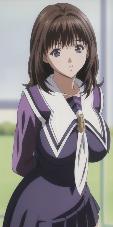 yoshizuki_iori, huge_breasts, standing, solo, School_uniform_Purple_shirt_Blue_skirt_White_neckerchief_Black_thighhighs, masterpiece, best quality, detailed face, detailed eyes, highres,