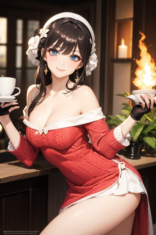 (((Masterpiece))),(((Super Detail))),(((in 8K))),(((best composition))),(((Rim lighting,Fireglow effect,deep shadow))),solo),Beautiful fingers,Detailed finger features,(Detailed hair features:1.7),(Dynamic and sexy bending pose:1.3),detailed facial features,detailed clothes features, (perky chest:1.1), (pointed chest:1.3), delicate beautiful face, Bright blue eyes, cute eyes, sparkling eyes, Big eyes, beautiful detailed eyes,double bun with glittering hair ornament:0.6,(super detailed glossy skin:1.3),slender body,goddess smile,((with sparkling eyes and a contagious smile)),beautiful posture,have a cup of coffee,black hair, red eyes, dress, bare shoulders, jewelry, collarbone, sidelocks, hairband, earrings, indoors, off shoulder, sweater, arms behind back, plant, short hair with long locks, white hairband, off-shoulder dress, sweater dress, off-shoulder sweater, red sweater, big side hair, very long side hair,(super delicate floral pattern:1.2),seductive cleavage:1.3,beautiful glossy legs,shiny red high heels,lifting dishes with cakesd,french restaurant,hustle and bustle,rising steam,(((depth of fields))) 
