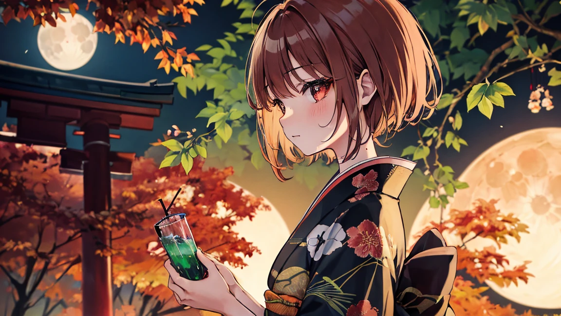 【highest quality, Tabletop】 [girl, kimono, Red eyes, profile, Wavy short hair, Brown Hair, Upper Body] (moon, Greenish leaves), Japan drinks alcohol, Sweat, Long eyelashes, alone, firework