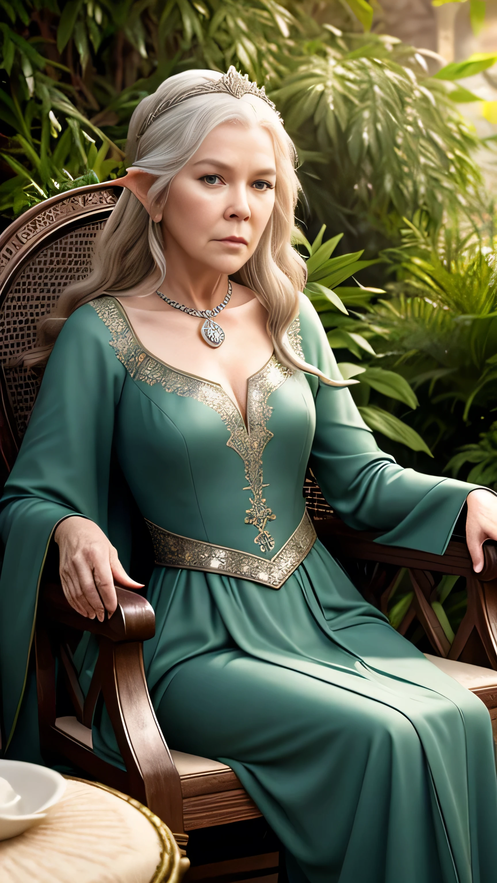 (Diana Rigg) as Olenna Tyrell, as an elf, rich old lady, pointy ears, pale skin, long green elf dress, elf diadem, sitting, on the elf chair, in the elf garden, Game of Thrones, (1woman), (solo), (full body view), beautiful detailed glow, detailed, cinematic light, intricate detail, realistic, highres, detailed facial features, high detail, sharp focus, smooth, aesthetic, extremely detailed, stamp, octane render