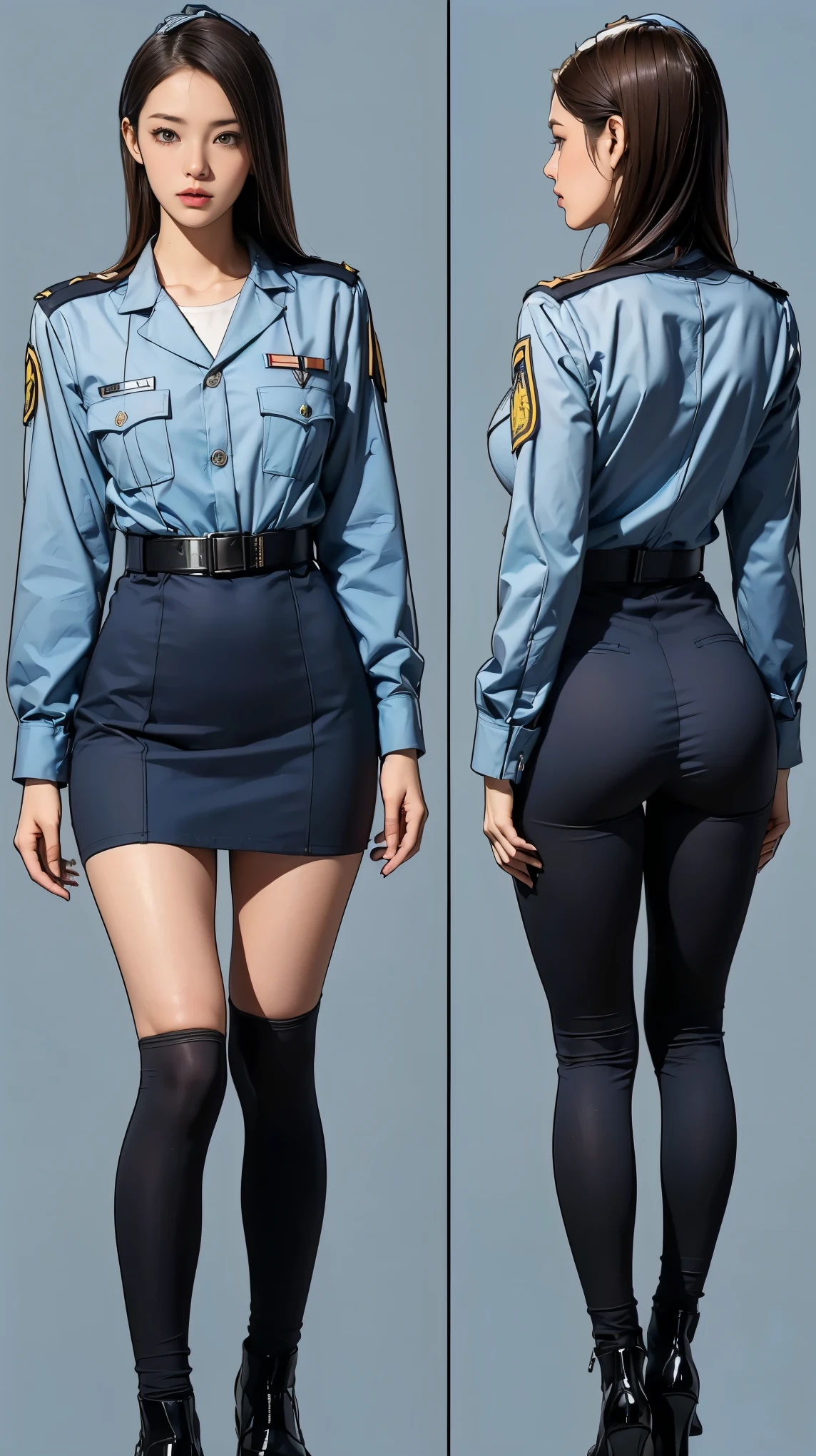 ((masterpiece)),(((highest quality))),((Reference Sheet, Character Design, front, return, ~ ~ ~ side, Mr...々Hairstyle, Mr...々performance, Facial Expressions)), -yeld gi Cute type, (Very slim:1.4), (Very small ass:1.4), Realistic buttocks, (Big Breasts:1.3), Short Bob, Thin thighs, Long legs, It's not a big deal,(A female Earth Federation officer is walking), (Wearing Earth Federation military uniform, Light grey and light blue military uniform),(Worn by federal government employees'White Hat:1.5)