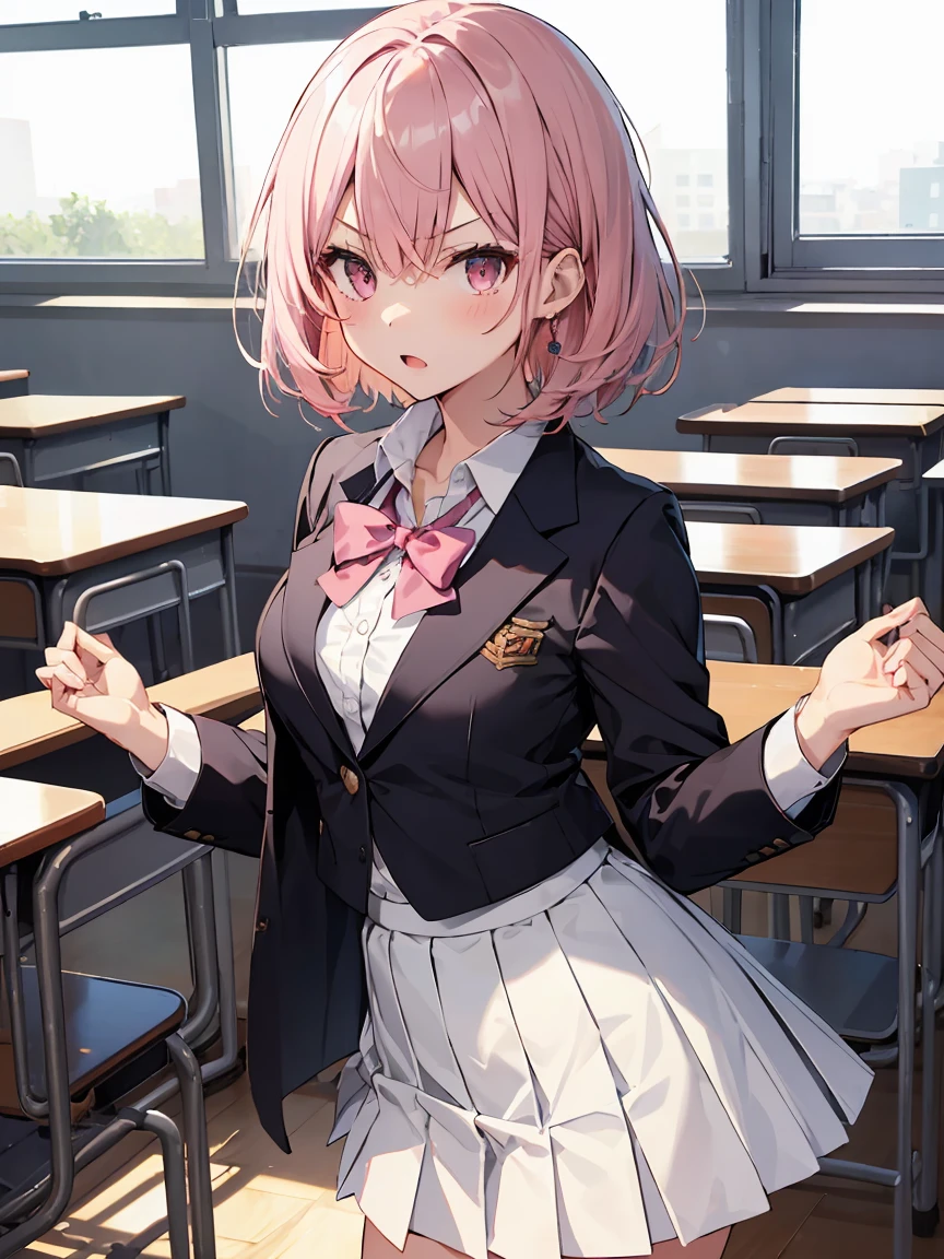 In one girl、fun、High school blazer with popular design、white shirt、pleated skirt、white skirt、（small breasts ) in classroom, short hair, pink eyes, angry , white skirt, de pie, white skirt, standing, pink hair