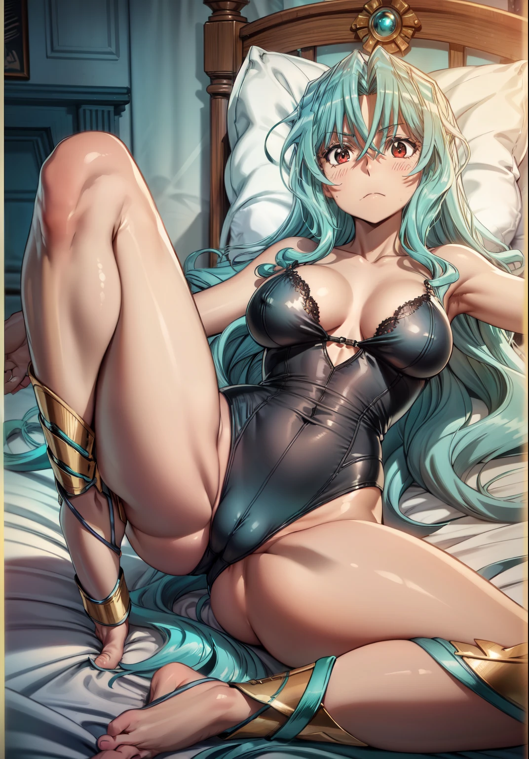 (Masterpiece, High Quality, Top quality, High-Detailed, Detailed CG, Cinematic Shadow, Cinematic Scene, Beautiful Detailed Eyes, Ultra Resolution, Depth of Field), (Character: Frieren: Beyond Journey's End), Looking At The Audience, (Blush Expression:1.2), (Small Expression:1.2), (SFW:1.2), (Long Hair), (Turquoise-blue Hair), (Red Eyes), Five Fingers, Good Composition, Arms, (Leotard:1.2), (Blue Leotard:1.0), Thighs, Large Breasts, Huge Breast, Hips, Feet, Laying on Bed, On Bed, Blur Background