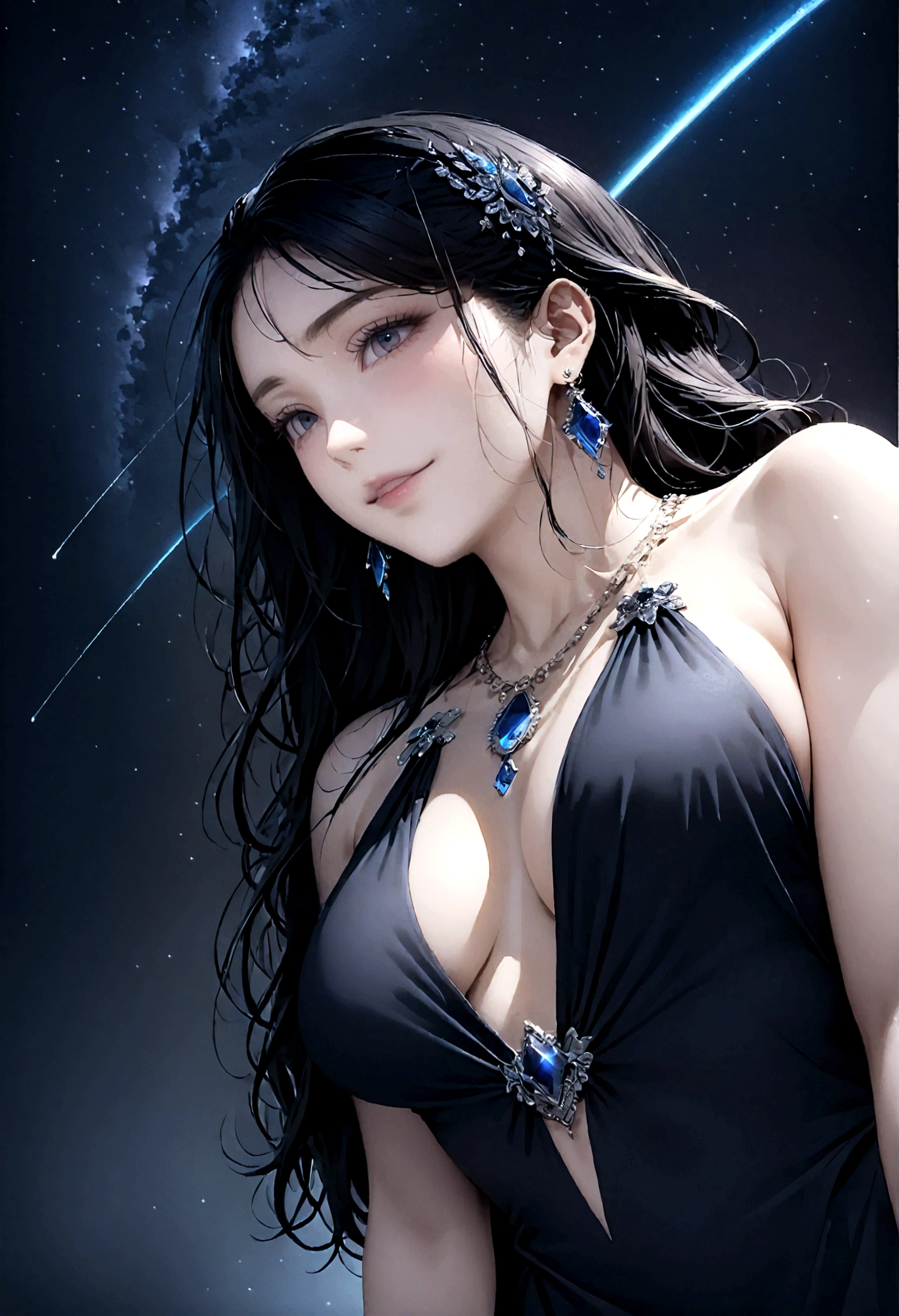 8k, masterpiece, RAW Photos, highest quality, Realistic, Very detailed, Depth of written boundary, Cinematic Light, Anatomically correct body,
An elegant beautiful mature woman, Very beautiful face, Exquisitely detailed face, (A gentle, calm face like a goddess:1.4), Very delicate skin texture, Transparent muscle, Shiny white skin, Glamorous Body,
(Wavy black long hair:1.2), Sexy Breasts, Sexy ass,
(Elegant see-through slit long dress:1.4), (Detailed cloth texture:1.2), (Body chain accessory with detailed jewel studded embellishments:1.3), (Gorgeous necklace:1.1), (Gorgeous earrings:1.1),
(Dark starry background:1.4), (Milky Way:1.1), (milky way:1.1), (shooting star:1.1), (Dark coastline at night:1.4), (Pitch black sea surface:1.4),
(Low angle shot:1.8),