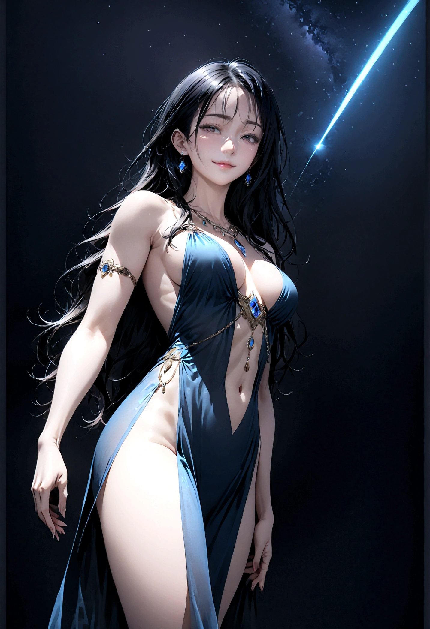 8k, masterpiece, RAW Photos, highest quality, Realistic, Very detailed, Depth of written boundary, Cinematic Light, Anatomically correct body,
An elegant beautiful mature woman, Very beautiful face, Exquisitely detailed face, (A gentle, calm face like a goddess:1.4), Very delicate skin texture, Transparent muscle, Shiny white skin, Glamorous Body,
(Wavy black long hair:1.2), Sexy Breasts, Sexy ass,
(Elegant see-through slit long dress:1.4), (Detailed cloth texture:1.2), (Body chain accessory with detailed jewel studded embellishments:1.3), (Gorgeous necklace:1.1), (Gorgeous earrings:1.1),
(Dark starry background:1.4), (Milky Way:1.1), (milky way:1.1), (shooting star:1.1), (Dark coastline at night:1.4), (Pitch black sea surface:1.4),
(Low angle shot:1.8),