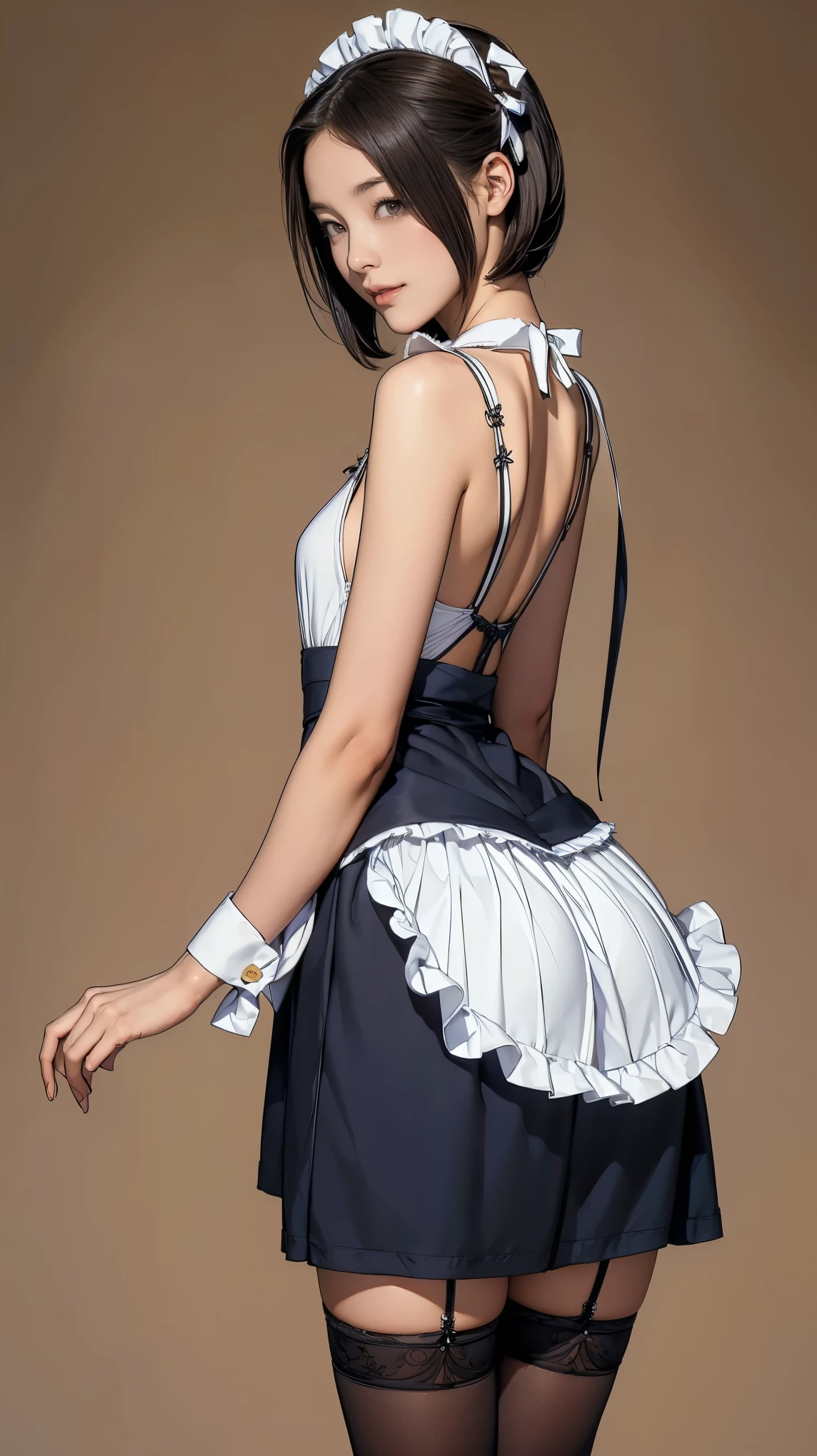 ((masterpiece)),(((highest quality))),((Reference Sheet, Character Design, front, return, ~ ~ side, Mr..々Hairstyle, Mr..々Performance, Facial Expressions)), -yeld gi Cute type, The best smile:1.5,(Very slim:1.4), (Very small ass:1.4), Realistic buttocks, Medium chest,Short brown hair with side waves,Short Bob, Thin thighs, Long legs, It's not a big deal, ((Dress and stockings, Gorgeous maid, Maid clothes,Hair Ribbon)), ((Browsing Caution:1.0))