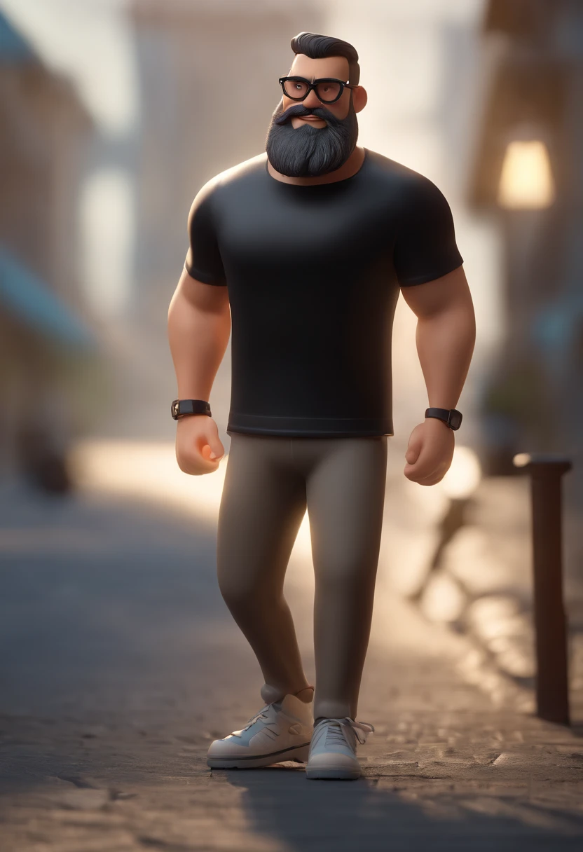 Cartoon character of a bearded man with round black glasses and a black shirt, animation character, Caractere estilizado, animation style rendering, 3D estilizado, Arnold Maya render, 3 d render stylized, toon render keyshot, Personagem 3D, Personagem 3D, 3d rendering stylized, 3 d character render, personagem de desenho animado, Personagem de close up, Pose de personagem, (Estilo Pixar) (master part:1.2) (Bokeh) (melhor qualidade) (pele detalhada) (textura detalhada) (8k) (argila) (Cinematic lighting) (sharp focus