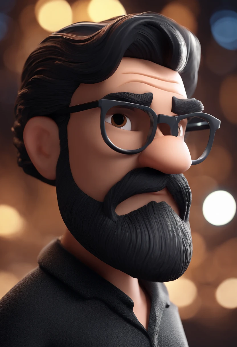 Cartoon character of a bearded man with round black glasses and a black shirt, animation character, Caractere estilizado, animation style rendering, 3D estilizado, Arnold Maya render, 3 d render stylized, toon render keyshot, Personagem 3D, Personagem 3D, 3d rendering stylized, 3 d character render, personagem de desenho animado, Personagem de close up, Pose de personagem, (Estilo Pixar) (master part:1.2) (Bokeh) (melhor qualidade) (pele detalhada) (textura detalhada) (8k) (argila) (Cinematic lighting) (sharp focus