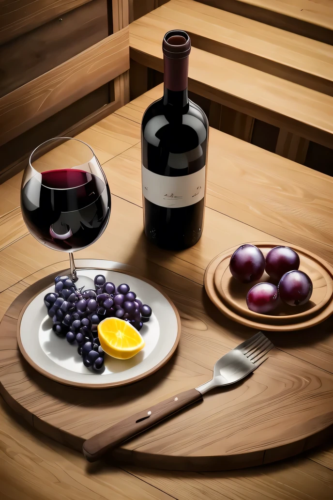 Wine Bottle、Grape Fuji、Grape、Grape glass，a glass of red wine, a dish of ripe fruit, a wooden table, top view, high quality, photorealistic, ultra-detailed, cinematic lighting, warm color tones, intricate textures, glowing candles, refined still life compositio more fruits，There is a retro fruit plate，