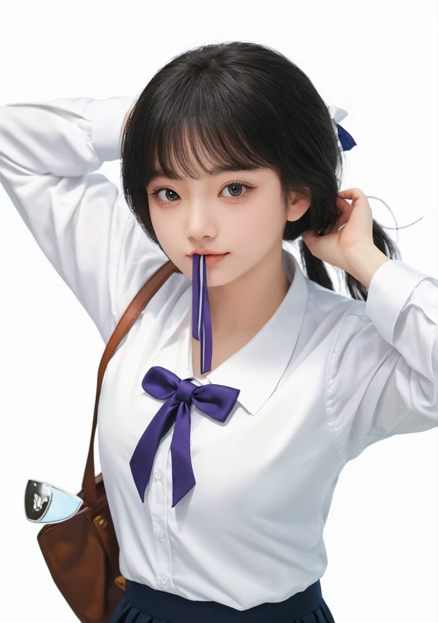 ((超絶リアルなhighest quality、Drawn details)、(Photographed from the front:1.4),(Center of gravity on one leg：1.9）,(Stand upright:1.5),(Slender figure wearing summer uniform) ,(Close up of twin-tailed hair girl:1.3)、(realistic background:1.3)、(anatomically correct:1.3)、(full hand:1.3)、(full finger:1.3)、Photoreal、Raw photo、highest quality、high resolution、delicate and beautiful、perfect face、beautiful and fine eyes、Fair skin、real human skin、pores、((thin legs))、(black hair)