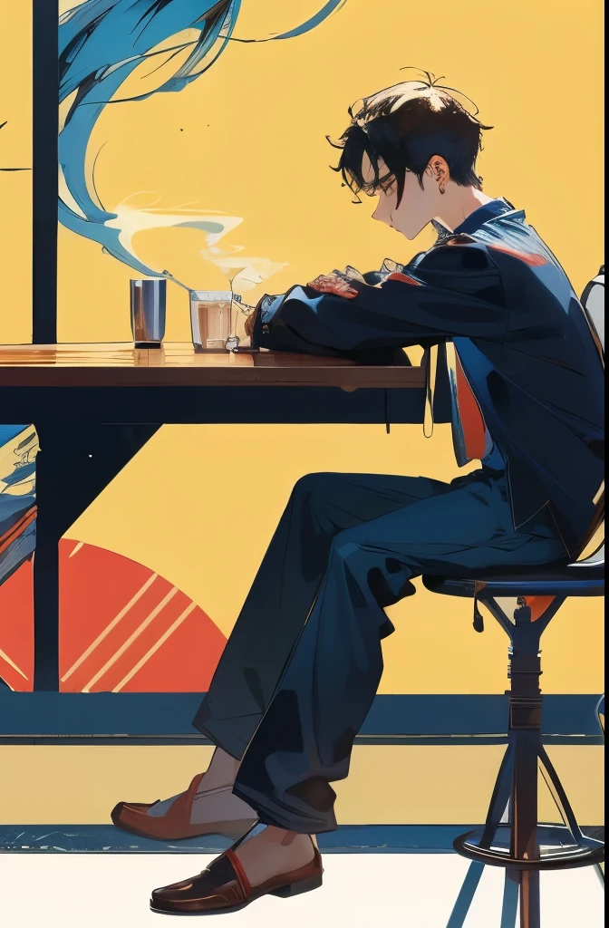 Full body shot of a man sitting on a high chair，Cross your legs，One leg on the other，Baggy pants，side view，Hands on the table，bar，Line Art，Loose shirt，Support your face with your hands，Smoking with one hand