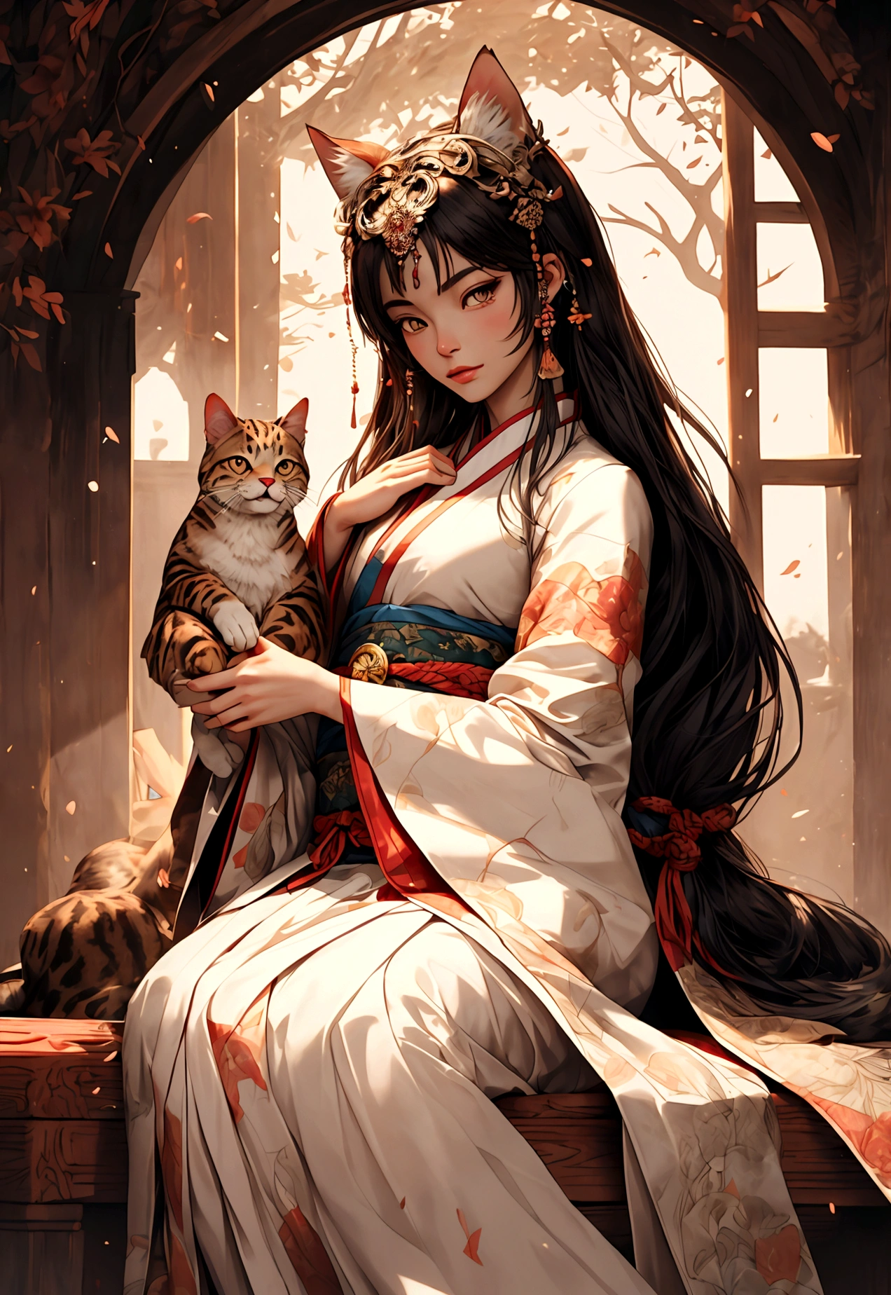 ((Masterpiece)), (Best Quality), (Cinematic),(highly accurate drawing in every detail)(extremely precise representation)half_body_portrait,ancient asia vibe, a stunning  hanfu oriental cat(with all cat specific bodyparts) dressed in georgeous hanfu dress with sacred geometric patterns and hair plus hanfu headpiece.big eyes,  high quality linework,